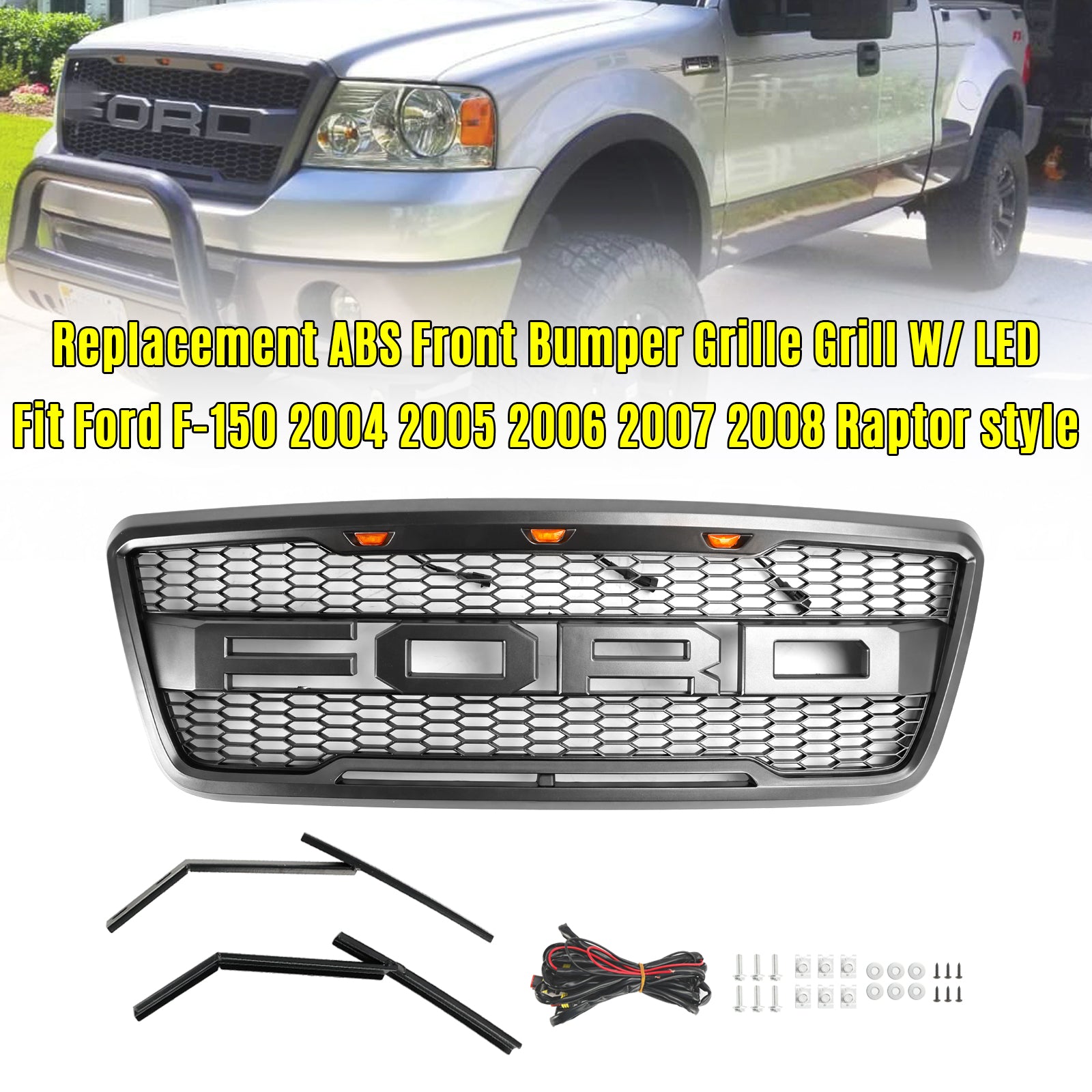 Parrilla de capó de malla frontal estilo Raptor compatible con Ford F150 2004-2008 con LED