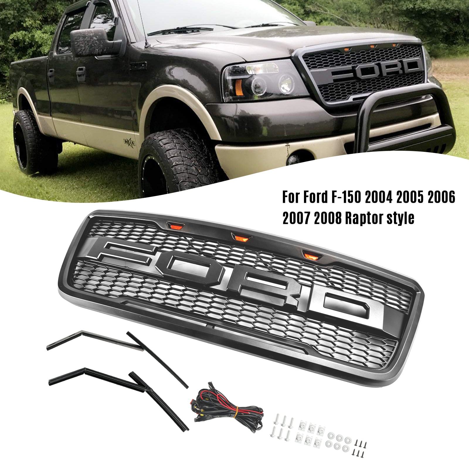 Parrilla de capó de malla frontal estilo Raptor compatible con Ford F150 2004-2008 con LED