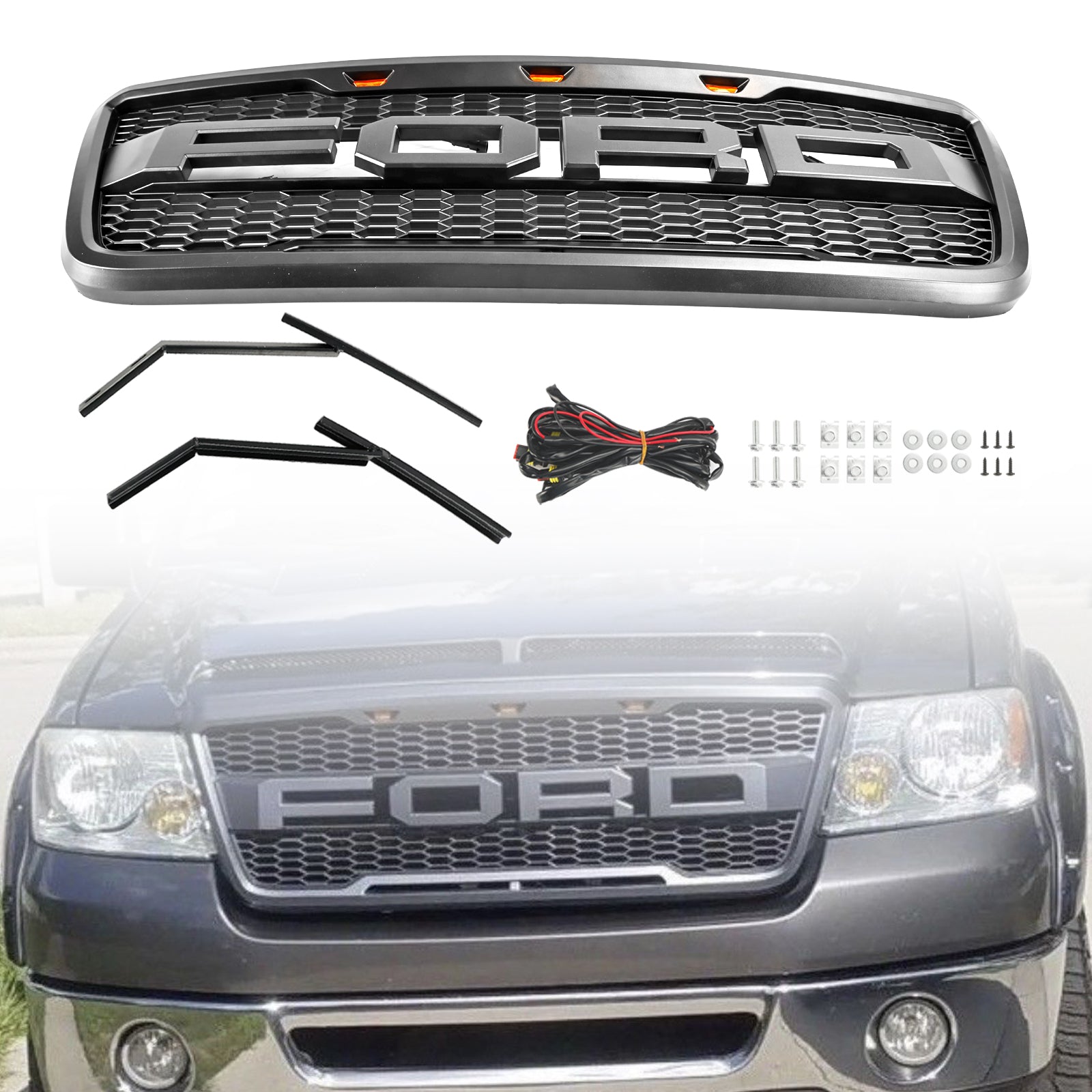 Parrilla de capó de malla frontal estilo Raptor compatible con Ford F150 2004-2008 con LED