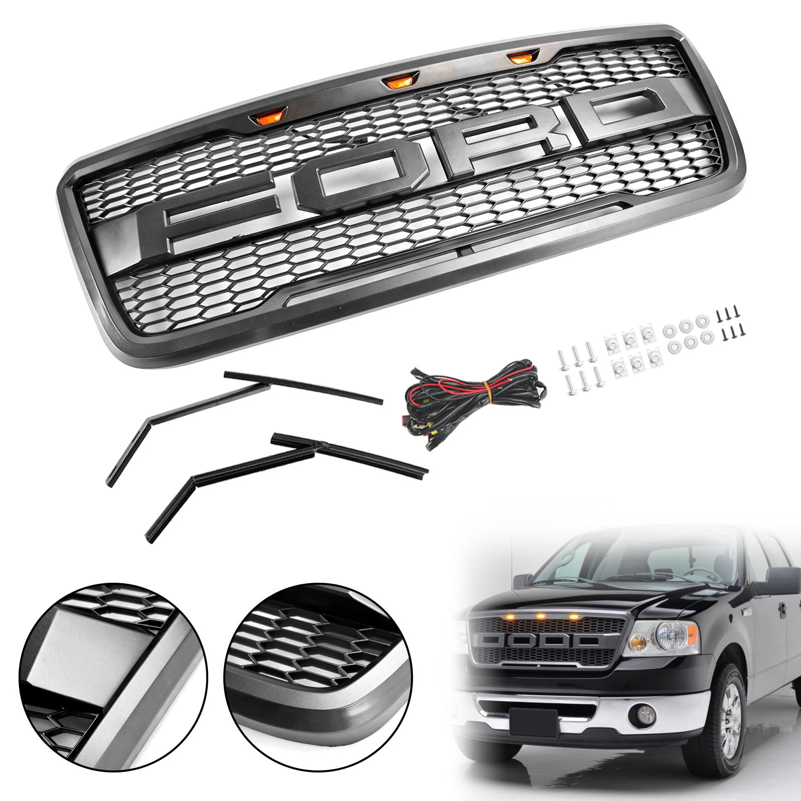 Parrilla de capó de malla frontal estilo Raptor compatible con Ford F150 2004-2008 con LED