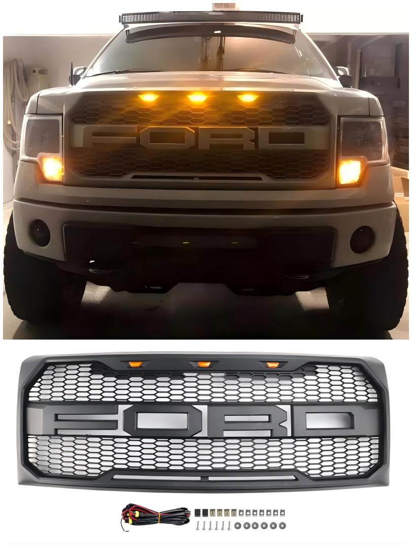 2009 2010 2011 2012 2013 2014 Ford F150 Raptor Style Front Bumper Grille Grill med LED -svart