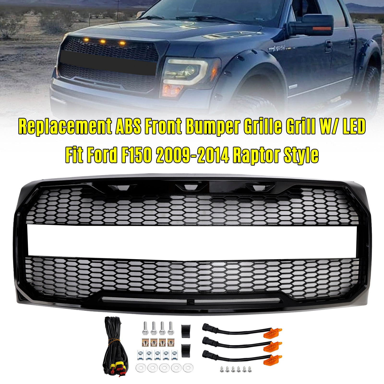 Griglia per paraurti anteriore stile Raptor nero lucido Ford F150 2009-2014