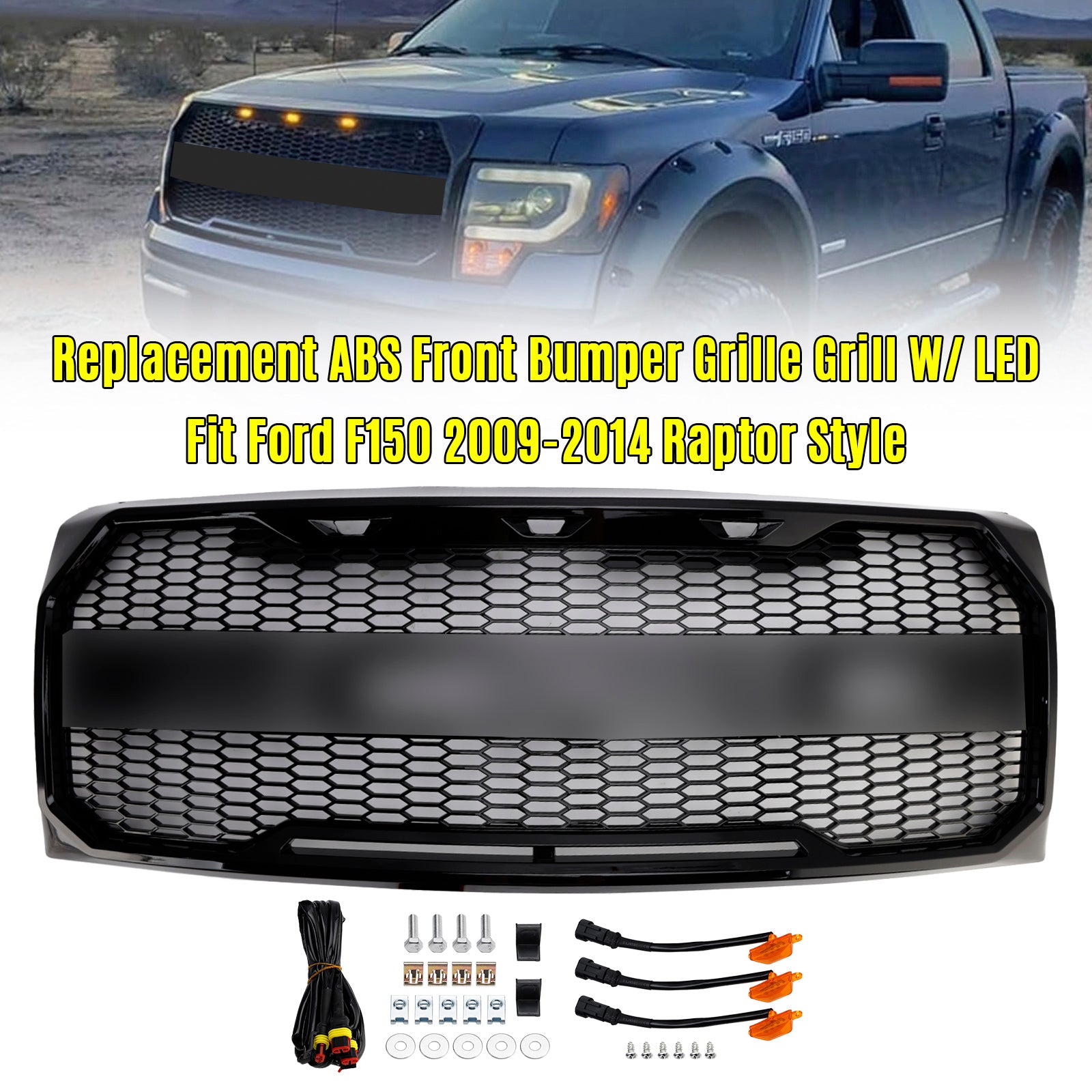 2009-2014 Ford F150 Gloss Black Raptor Style Front Bumper Grille Grill