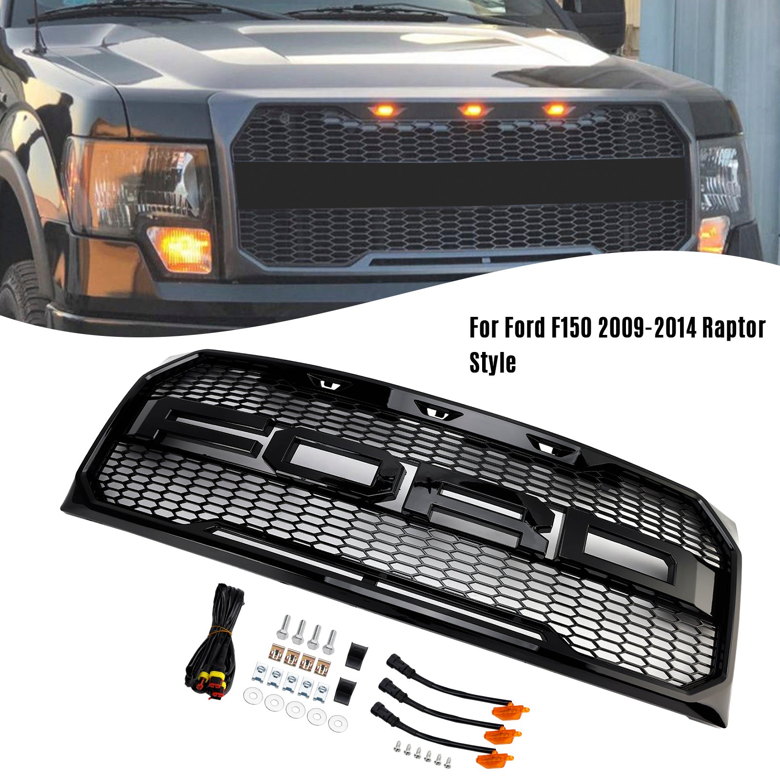 Gloss Black Raptor Style Front Bumper Grille Grill Fit Ford F150 2009-2014