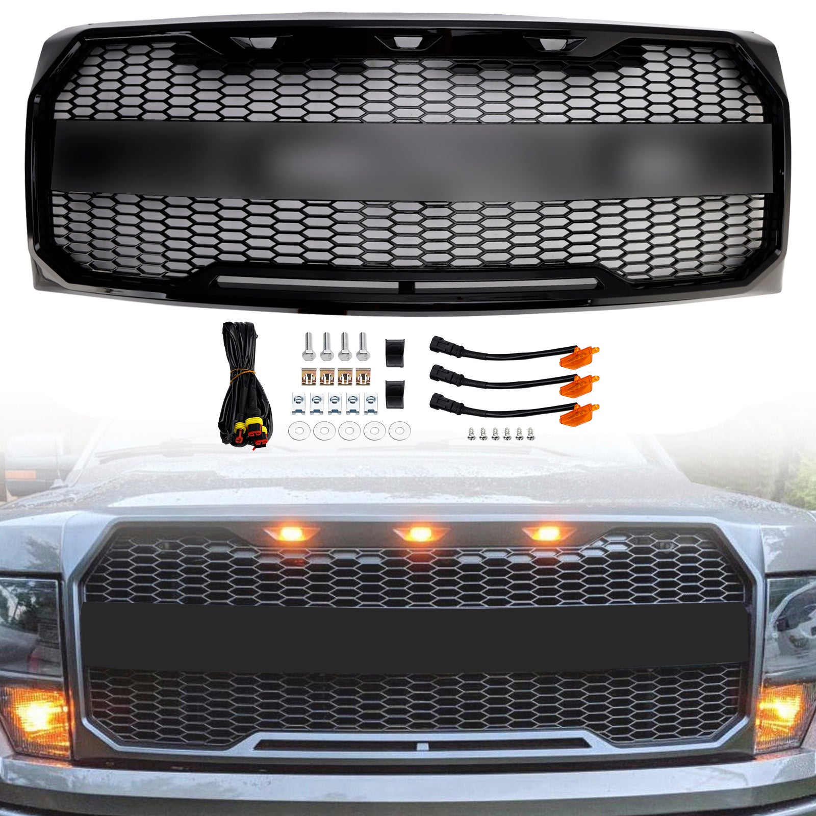 2009-2014 Ford F150 Gloss Black Raptor Style Front Bumper Grille Grill