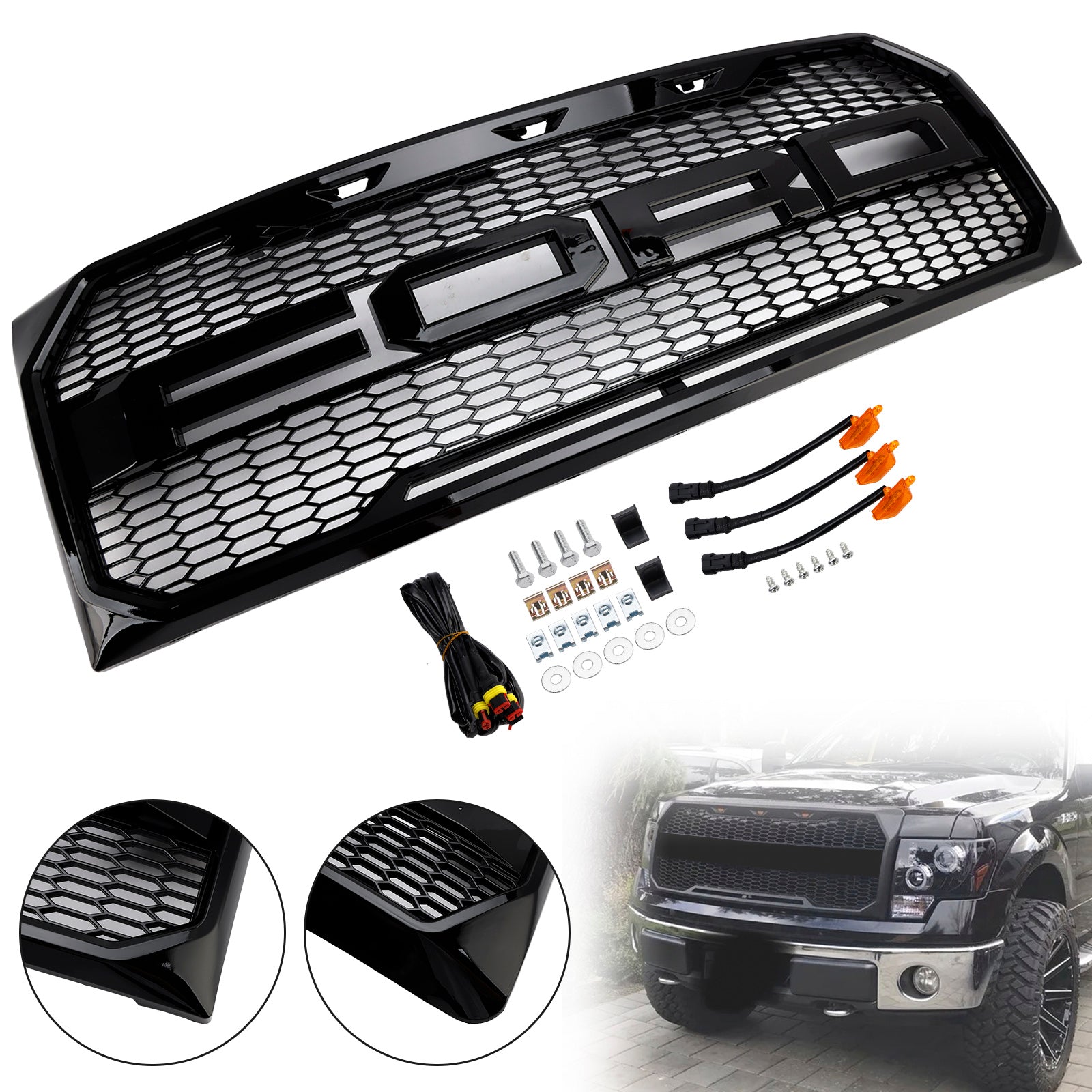 Gloss Black Raptor Style Front Bumper Grille Grill Fit Ford F150 2009-2014