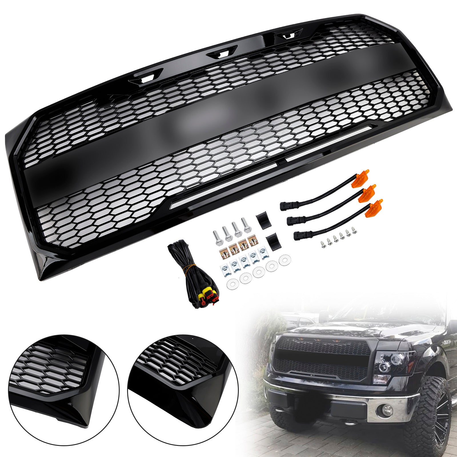 2009-2014 Ford F150 Gloss Black Raptor Style Front Bumper Grille Grill