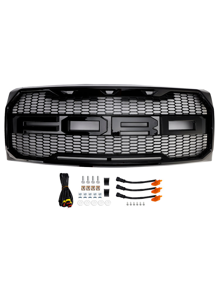 Gloss Black Raptor Style Front Bumper Grille Grill Fit Ford F150 2009-2014