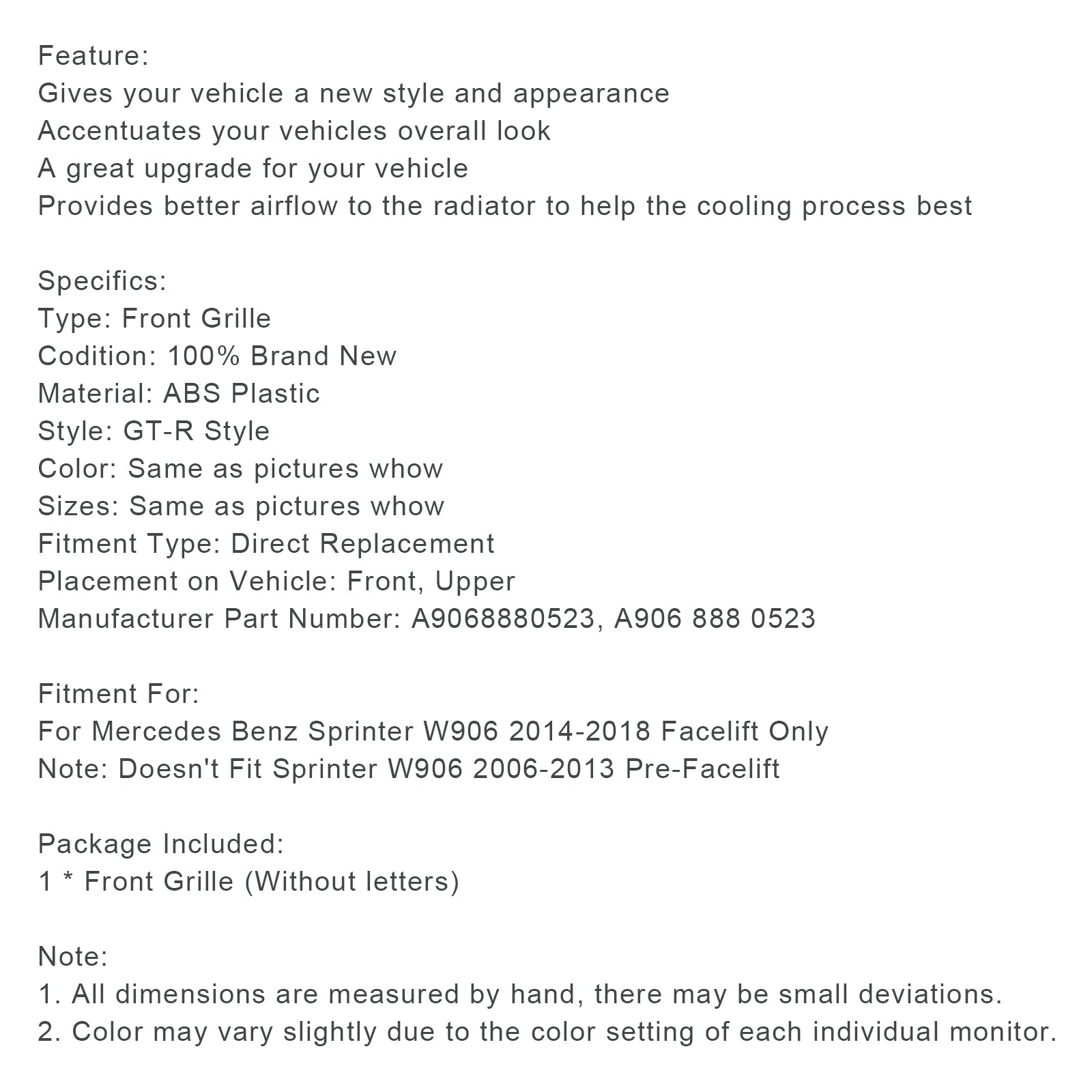Mercedes-Benz Sprinter 2014-2018 W906 Calandre de pare-chocs avant noire
