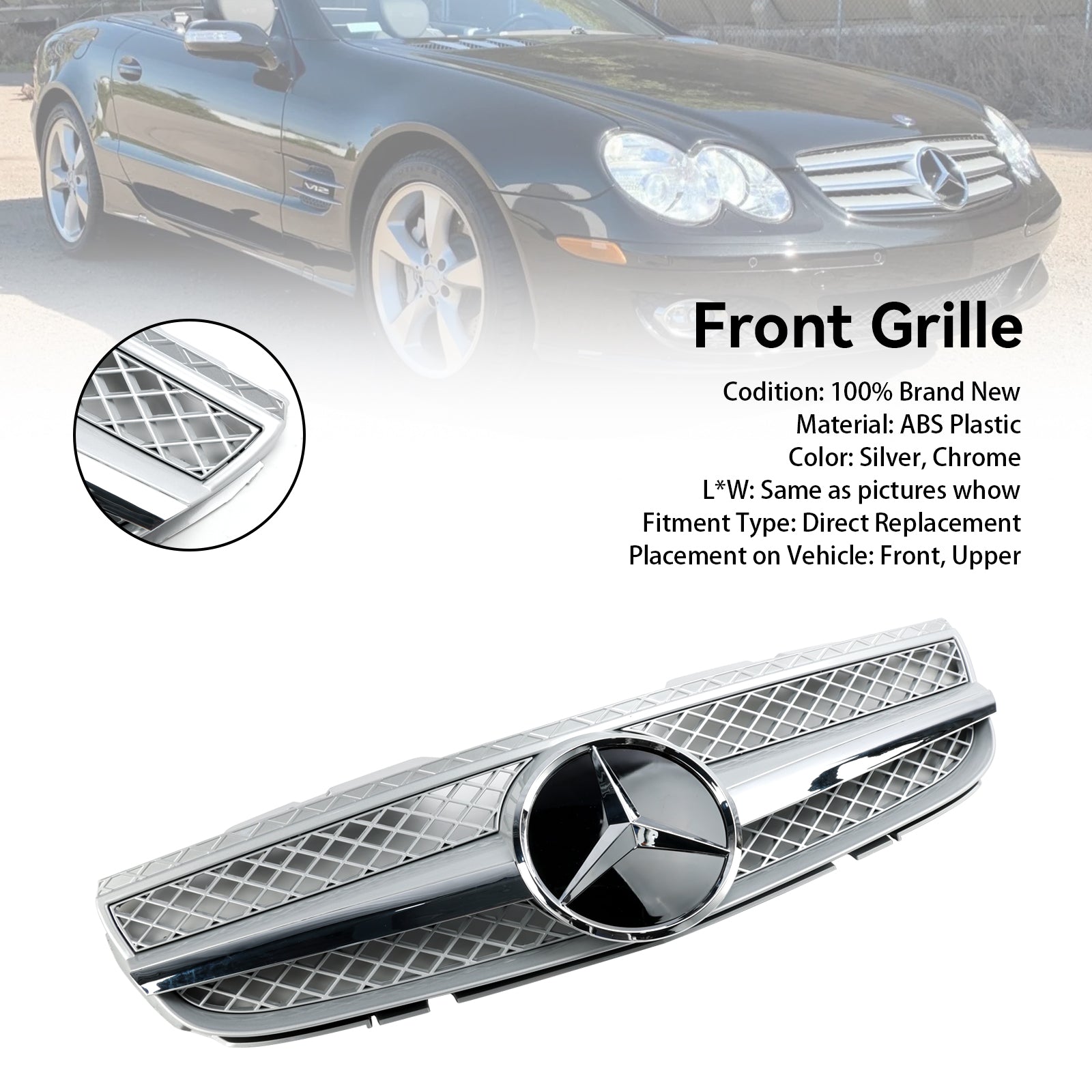 2007-2008 Mercedes Benz R230 SL550 SL600 1 aleta estrella parachoques delantero parrilla superior