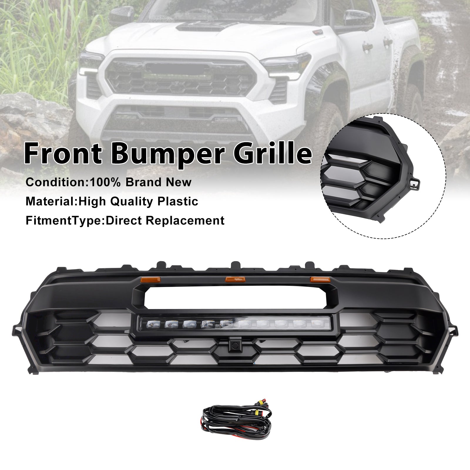 2024+ Toyota Tacoma avec barre lumineuse LED Grille de pare-chocs avant noire