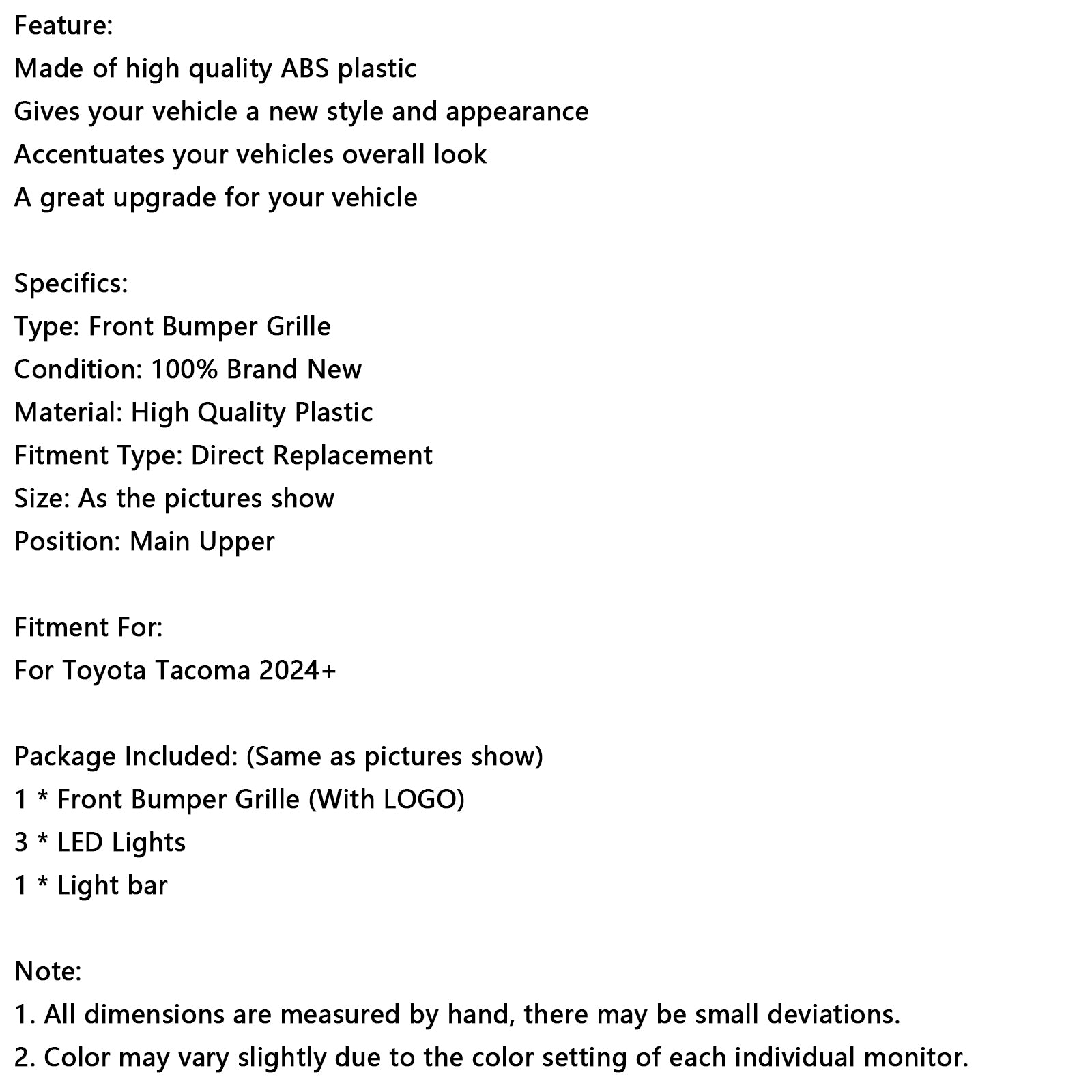 2024+ Toyota Tacoma avec barre lumineuse LED Grille de pare-chocs avant noire