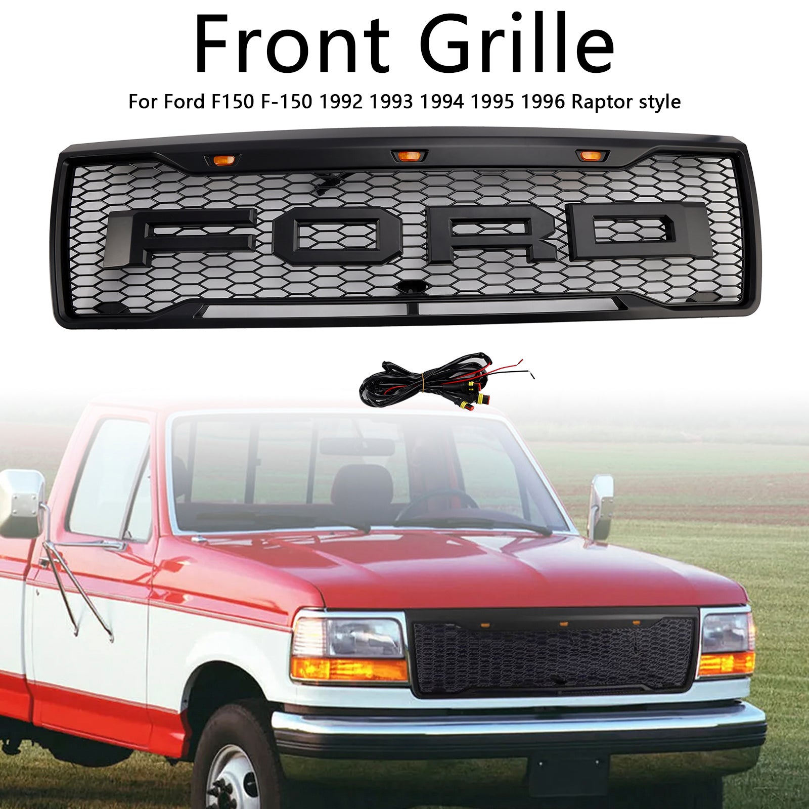 1992-1996 FORD F150 W/LED Matte Black Front Honeycomb Pumper Grille Grill