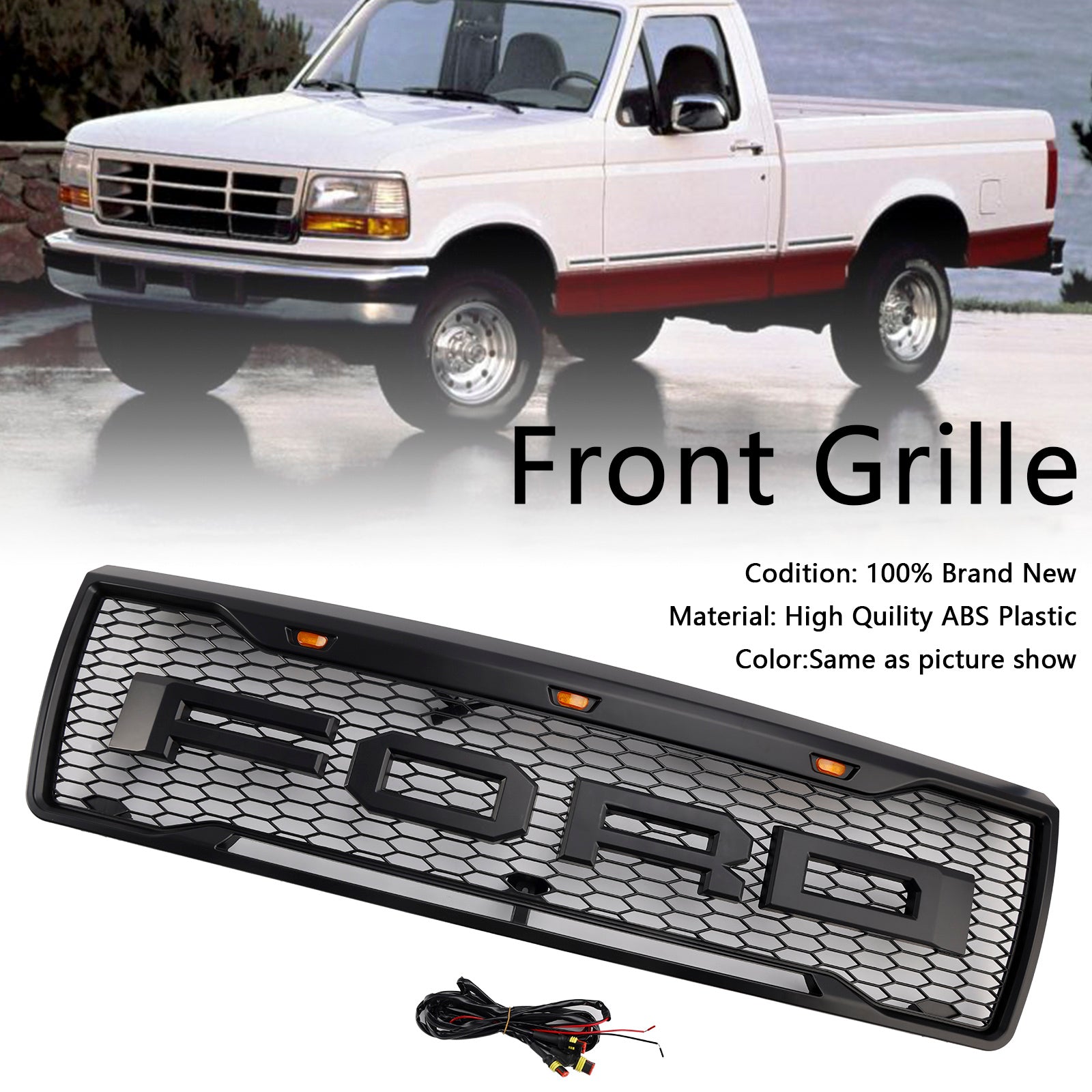 1992-1996 FORD F150 W/LED Matte Black Front Honeycomb Pumper Grille Grill