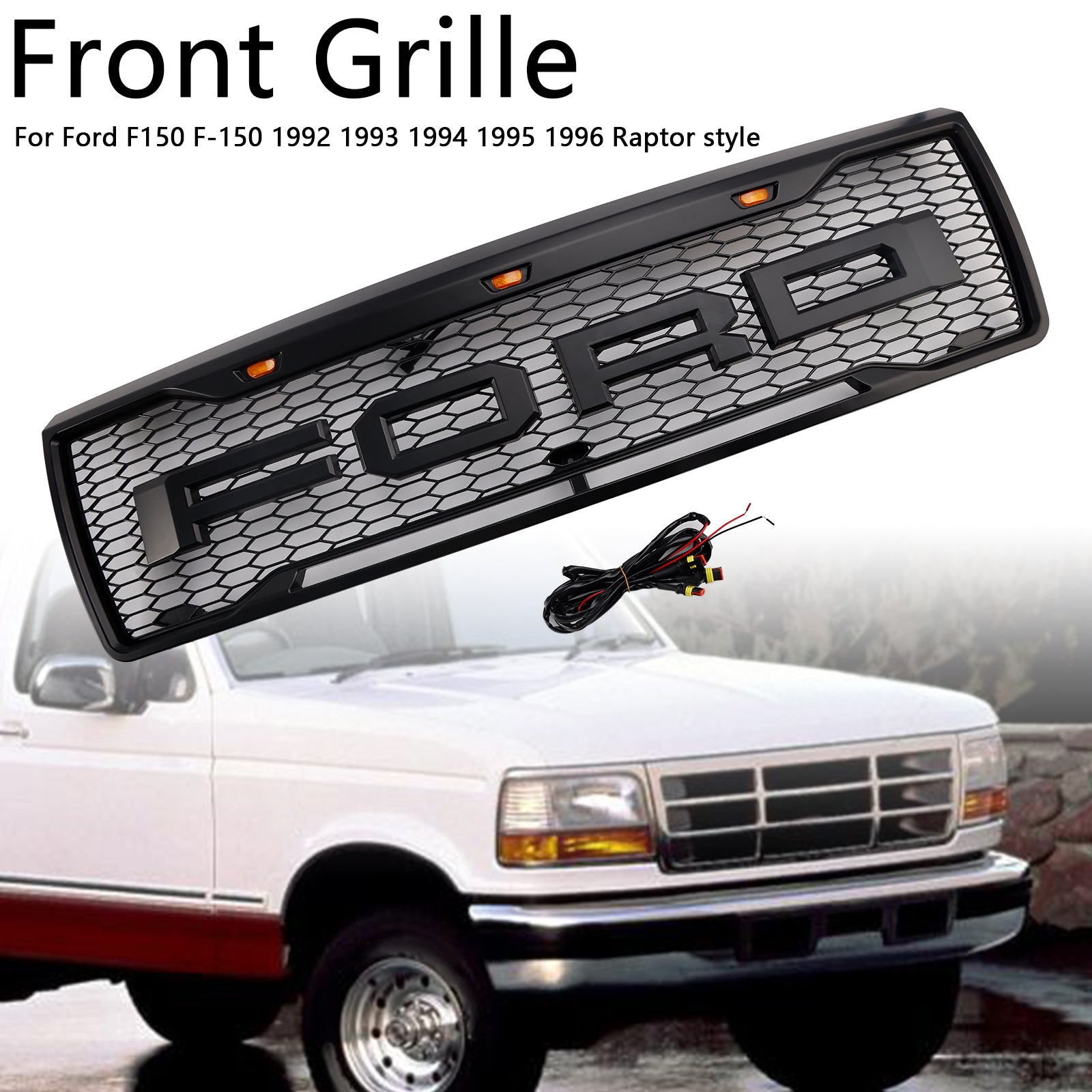 1992-1996 FORD F150 W/LED Matte Black Front Honeycomb Pumper Grille Grill
