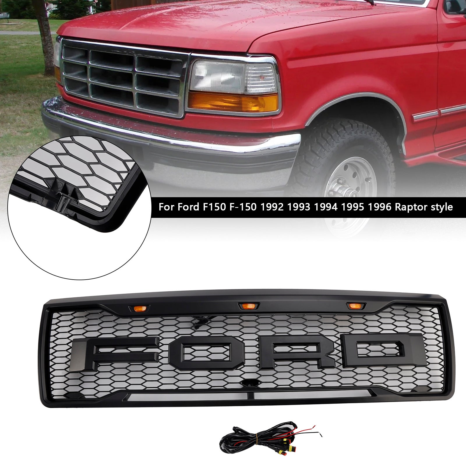 1992-1996 FORD F150 W/LED Matte Black Front Honeycomb Pumper Grille Grill