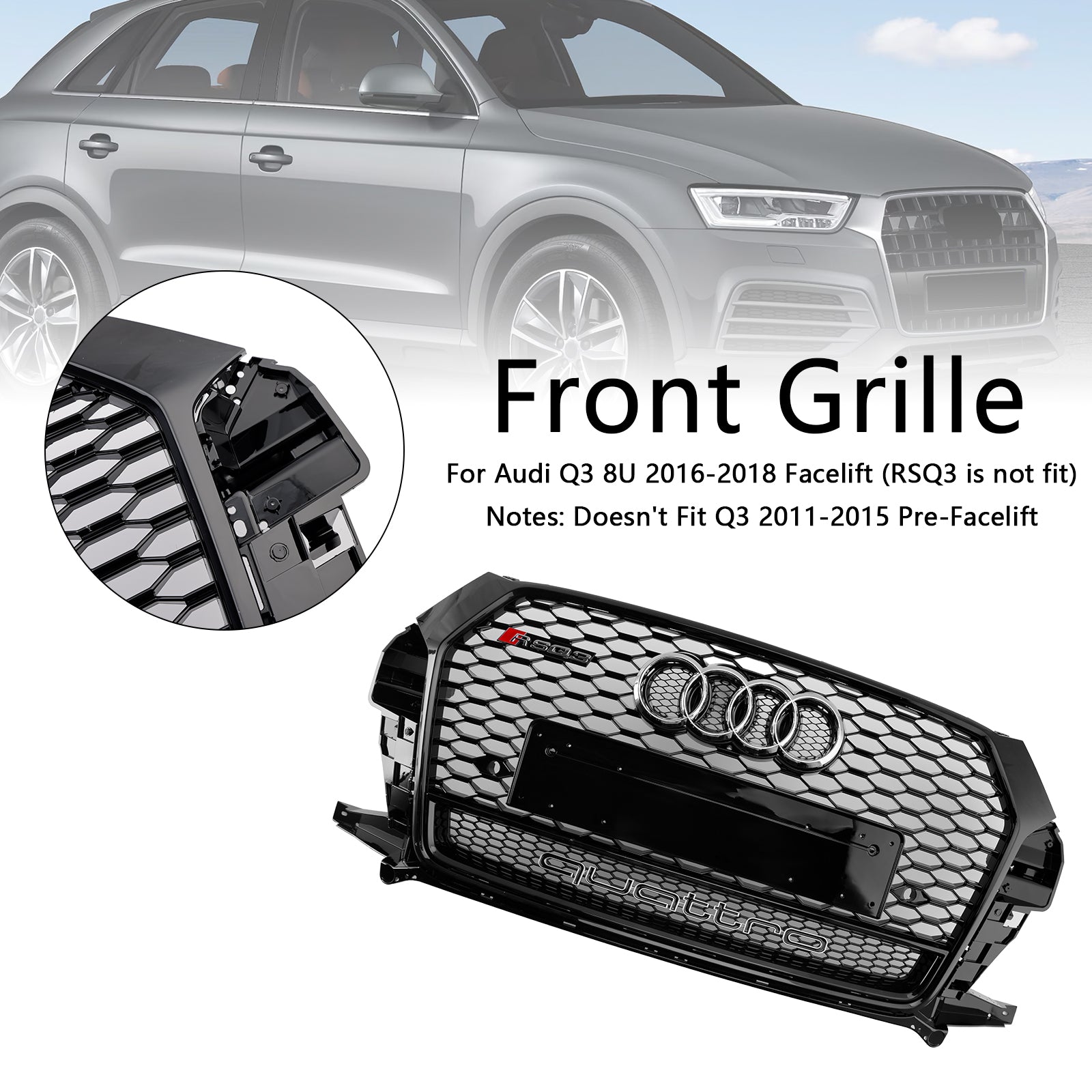 2016-2018 Audi Q3 RSQ3 Style Front Honeycomb Grill Grille Gloss Black