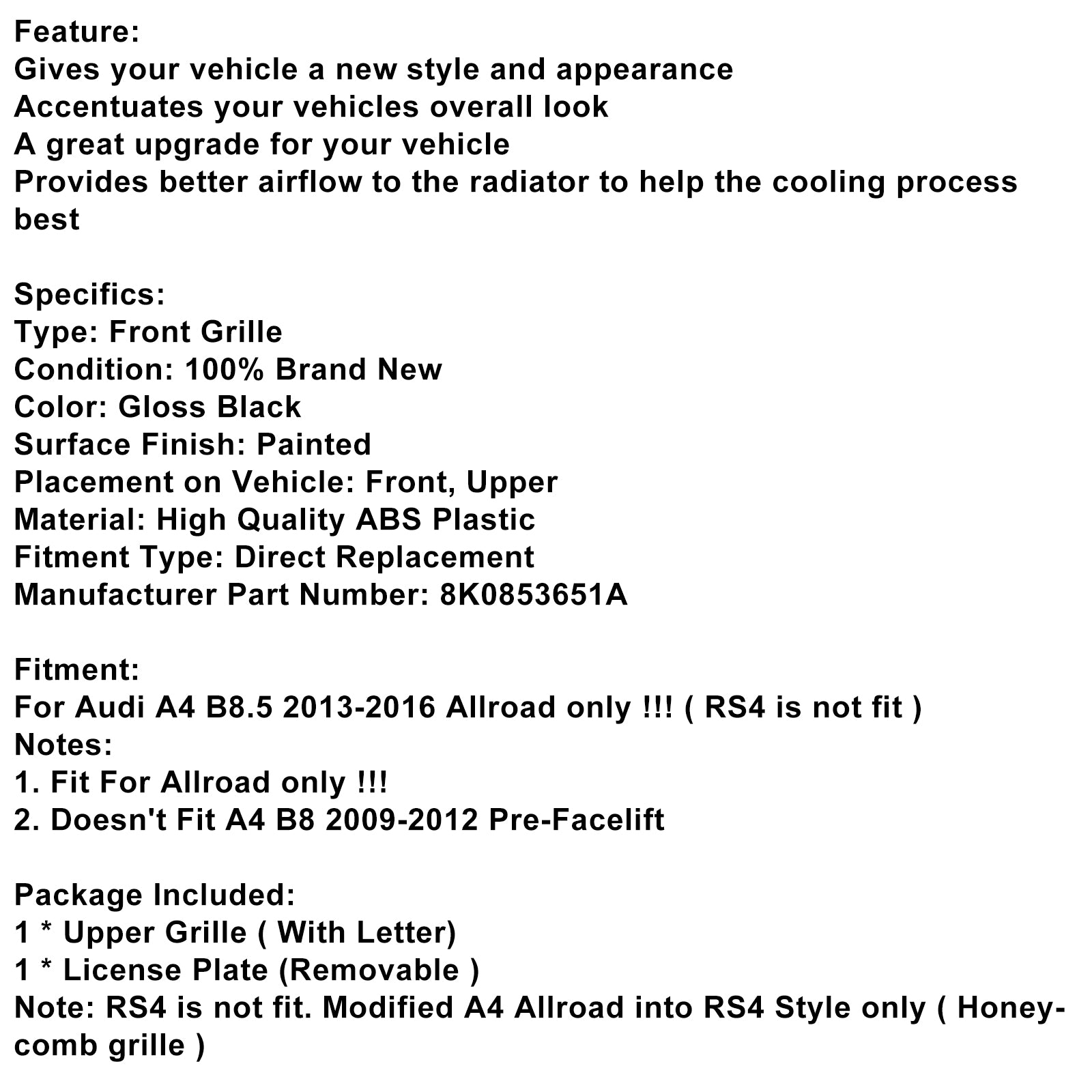 2013-2016 Audi A4 B8.5 Allroad endast RS4 Style Front Bumper Grille