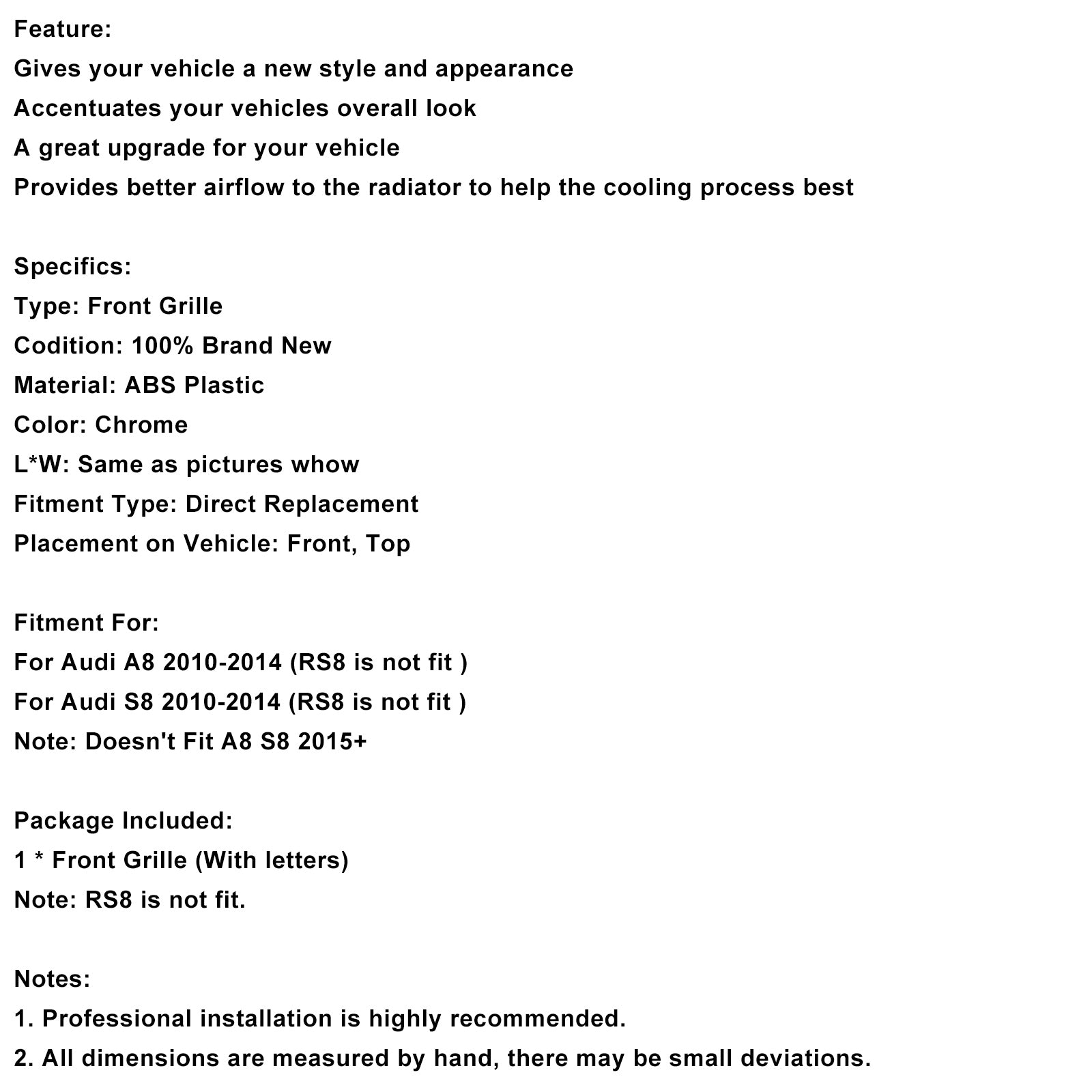 2010-2014 Audi A8 S8 Chrome Pare-chocs avant Grille de radiateur Grille