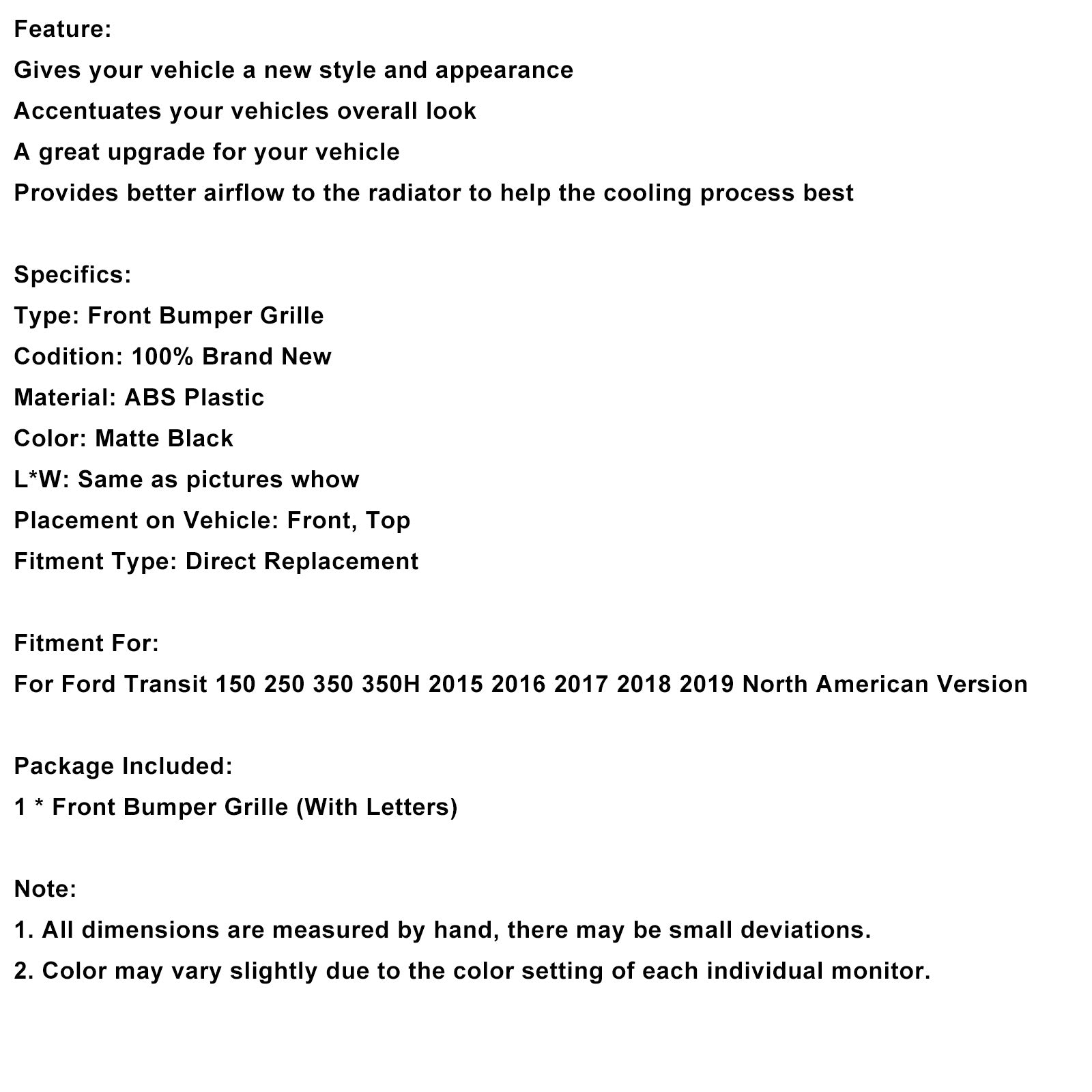 Zwart Voorbumper Grille Grill Fit Ford Transit 150 250 350 350H 2015-2019