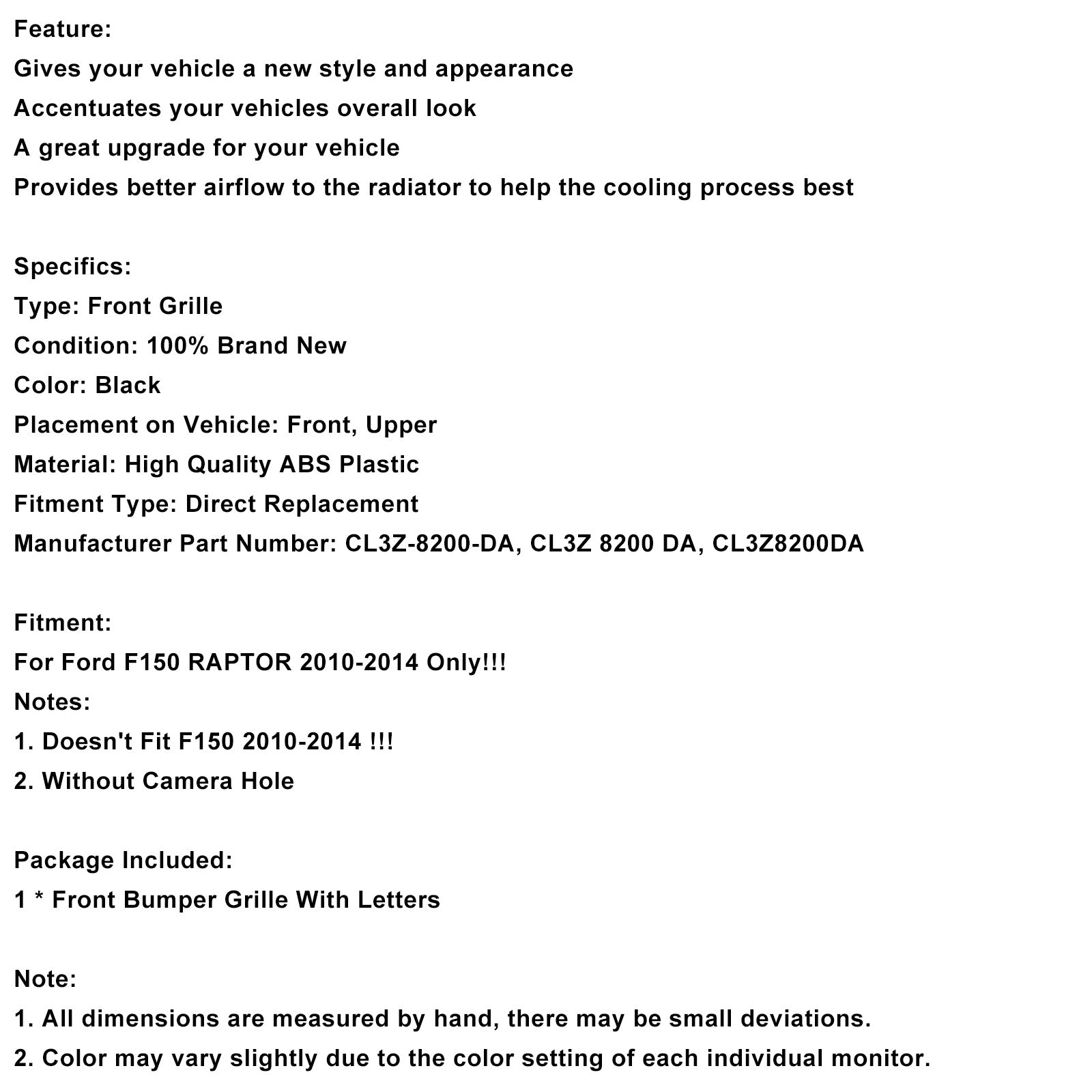 2010-2014 Ford F150 Raptor W/O Camera Hole Front Bumper Grille CL3Z8200DA