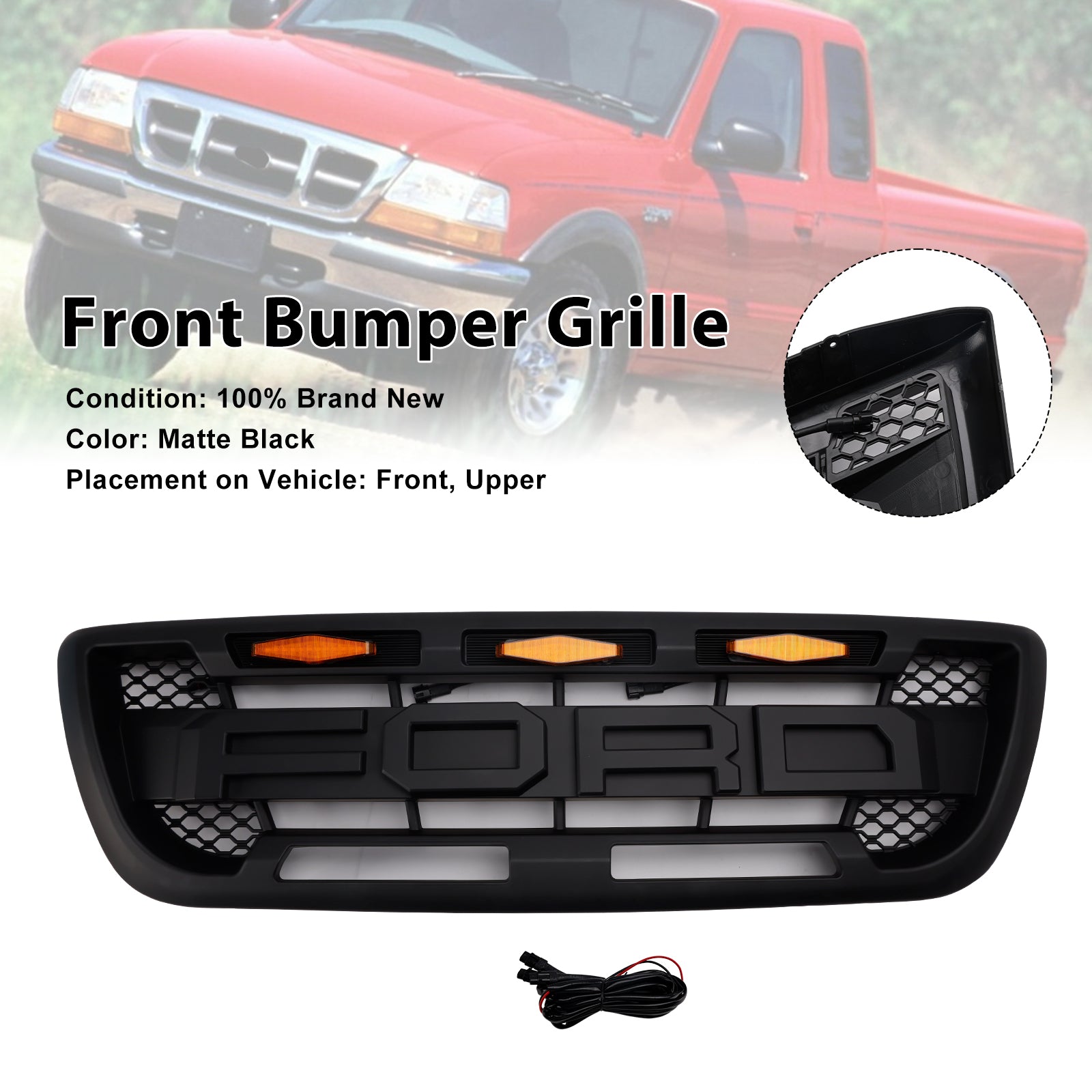 1998-2000 Ford Ranger With LED Light Matt Black Front Bumper Grill Grille