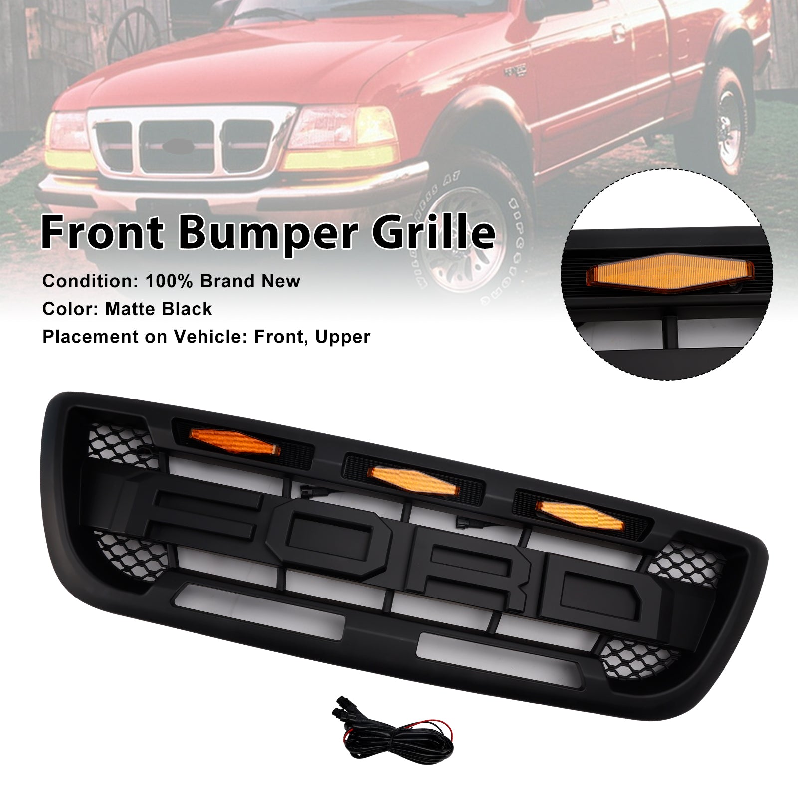 1998-2000 Ford Ranger With LED Light Matt Black Front Bumper Grill Grille