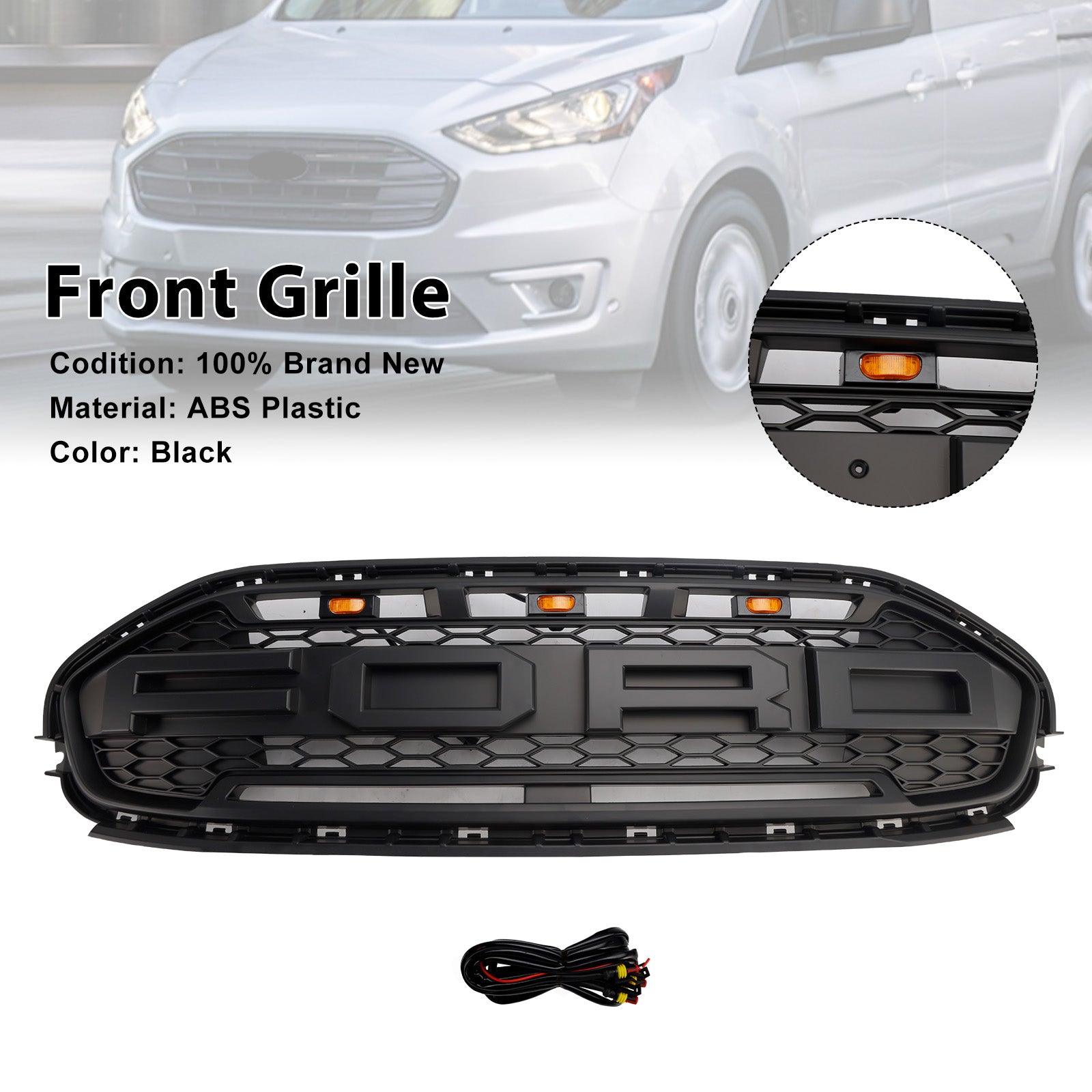 Ford Transit Connect 2019-2023 Black Front Bumper Grill Grille With LED