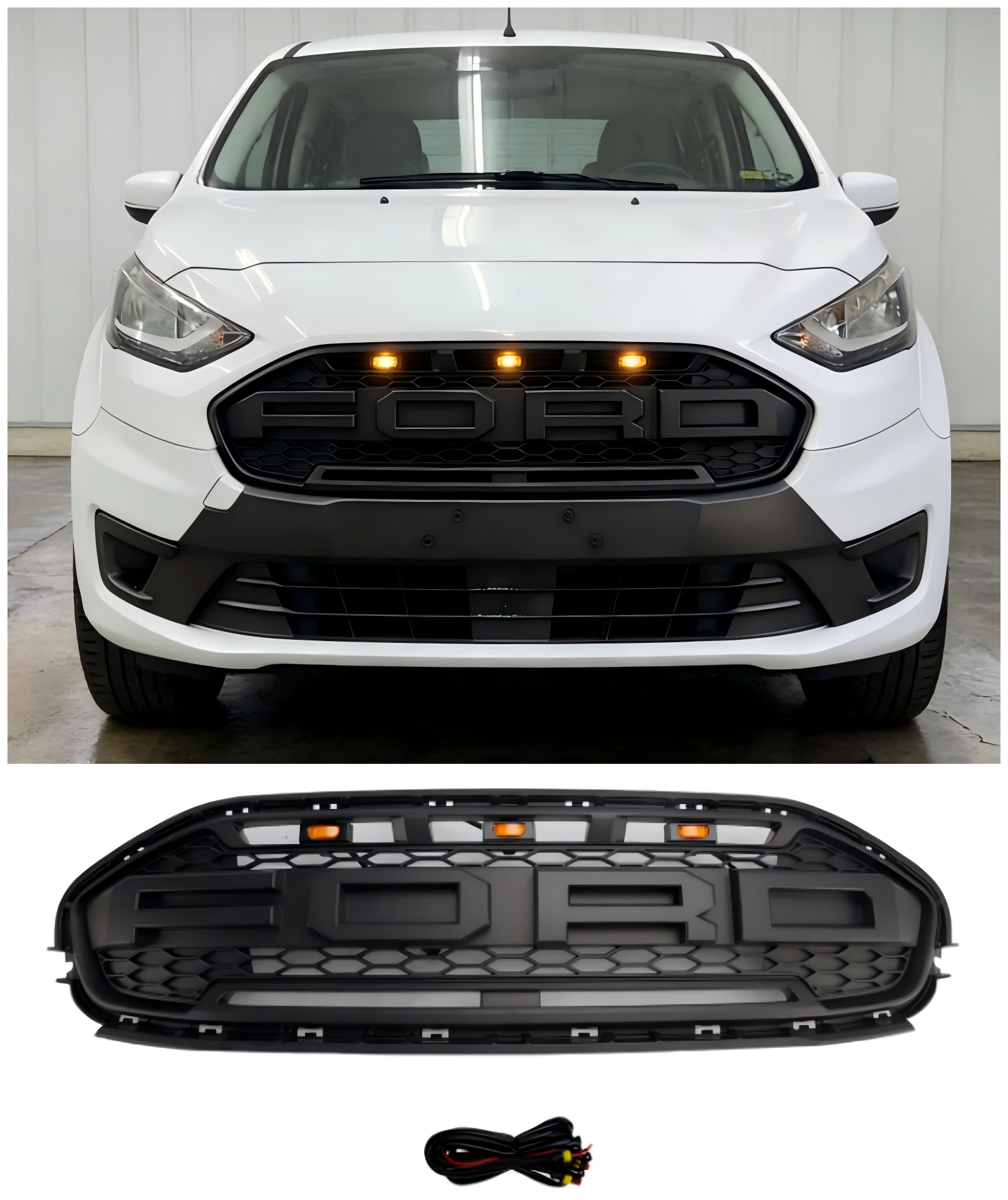 Ford Transit Connect 2019-2023 Black Front Bumper Grill Grille With LED
