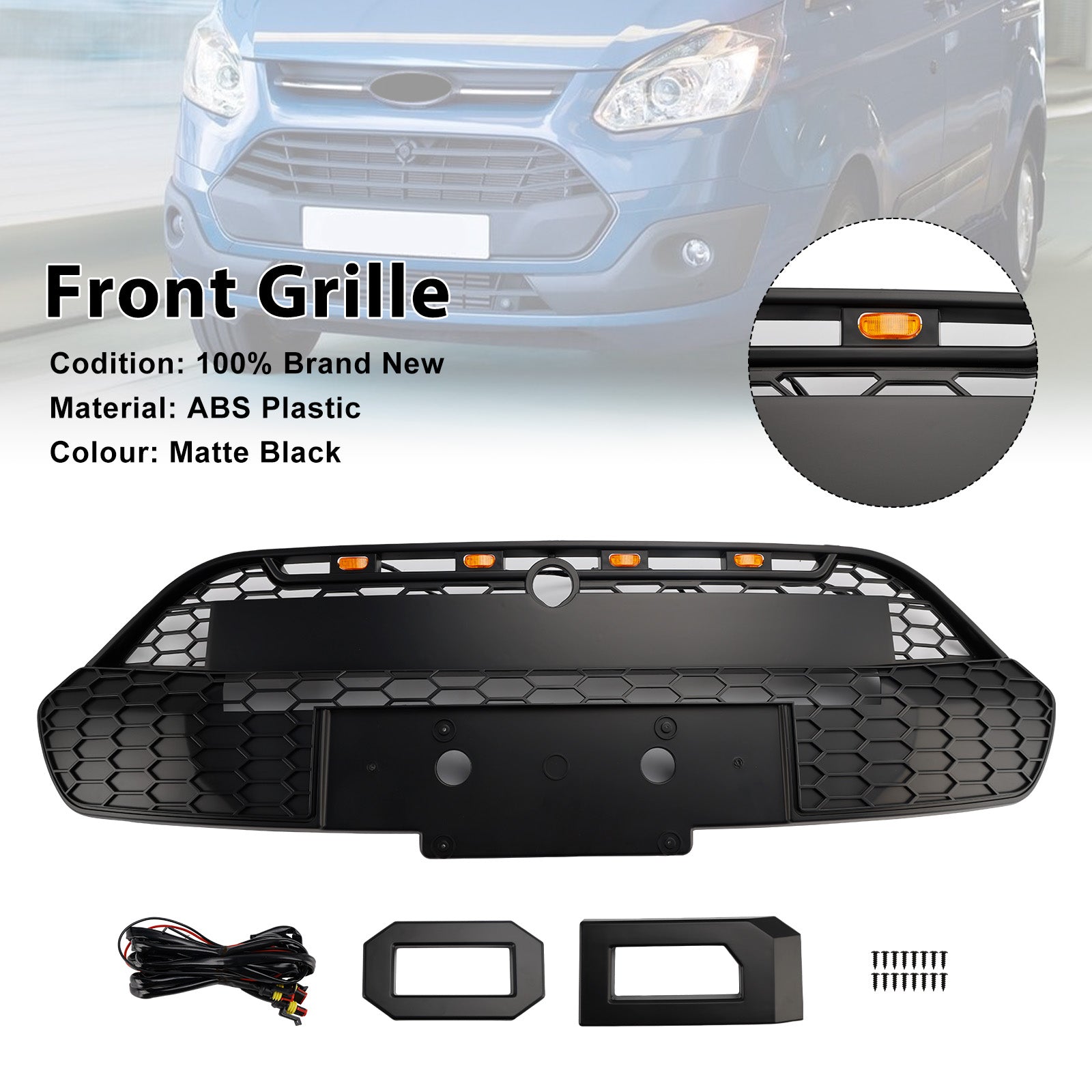 2013 2014 2015 2016 2017 Ford Transit Custom With LED Matte Black Front Bumper Grille Grill