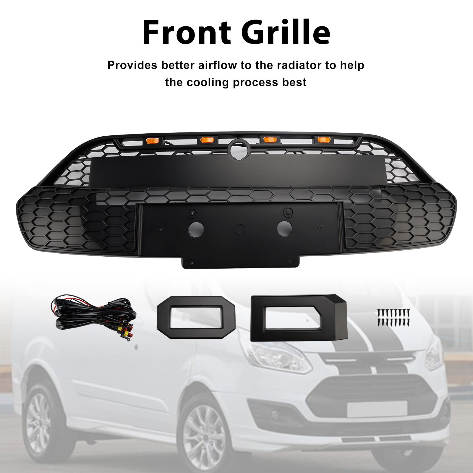 Ford Transit Custom 2013-2017 Matte Black Front Bumper Grille Grill With LED