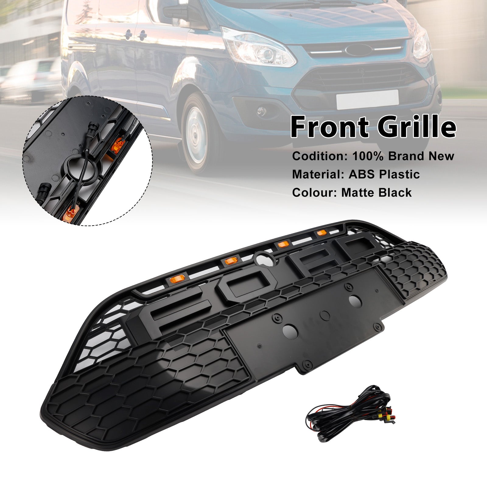 Ford Transit Custom 2013-2017 Matte Black Front Bumper Grille Grill With LED