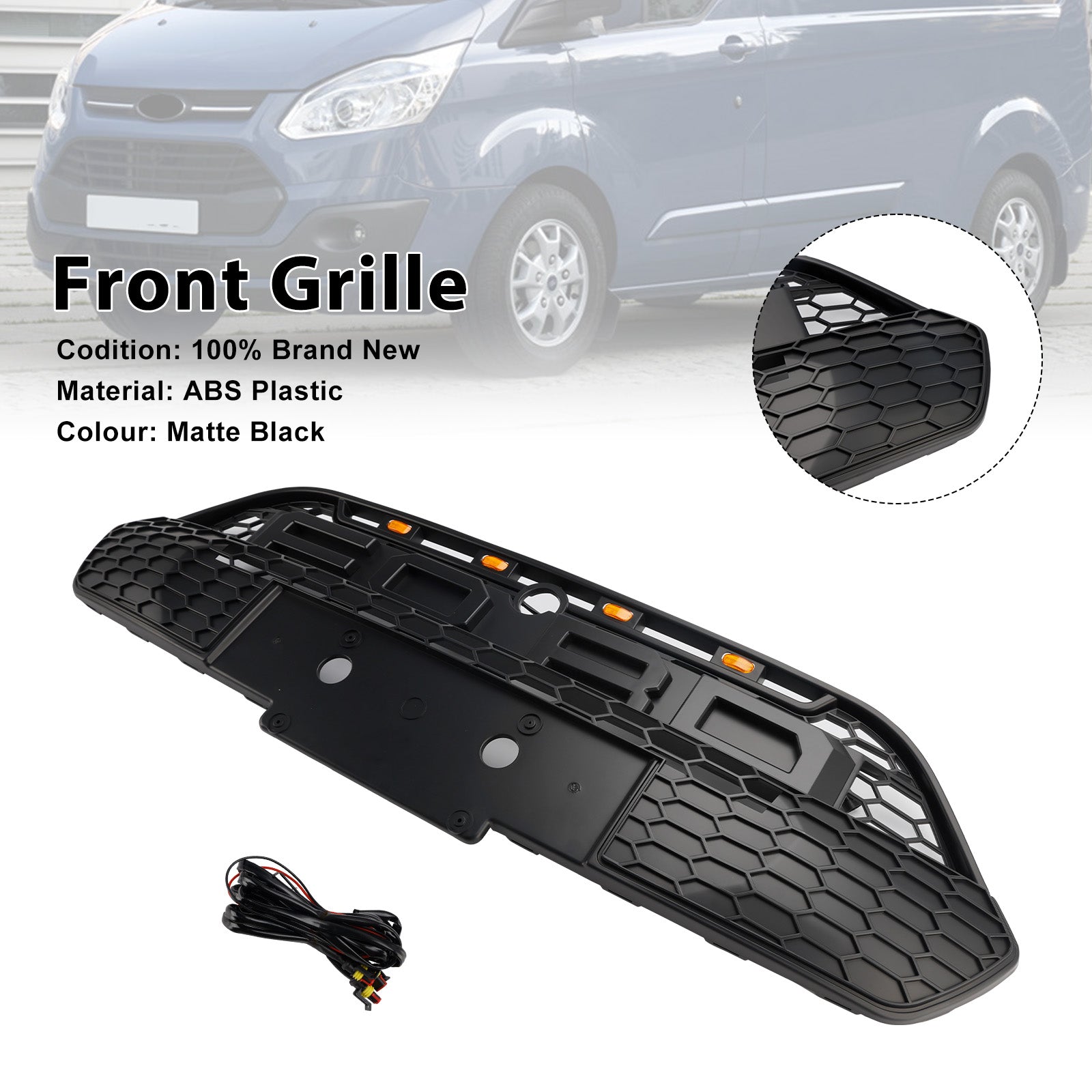 Ford Transit Custom 2013-2017 Matte Black Front Bumper Grille Grill With LED