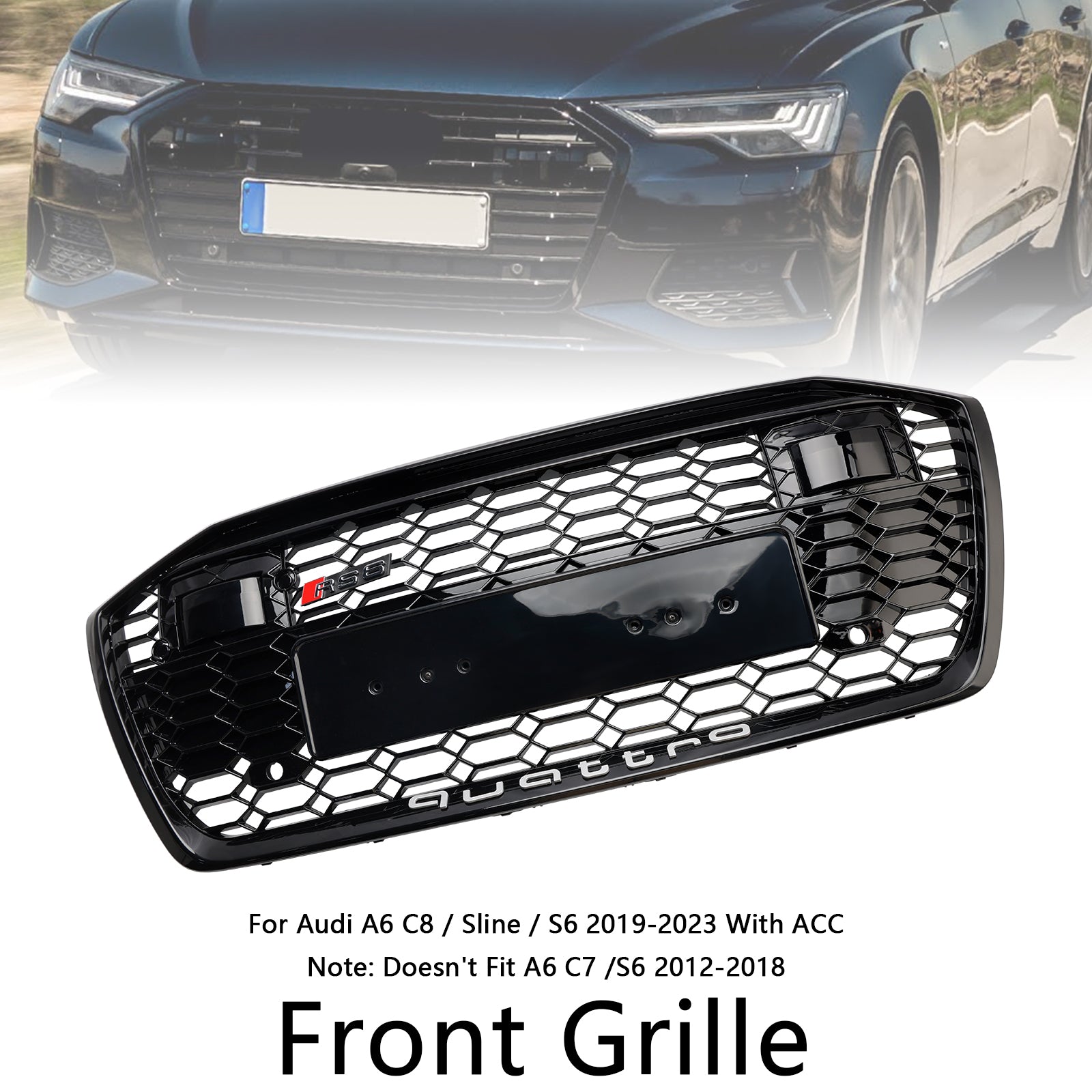 2019-2023 Audi A6 S6 W/ACC RS6 Style Honeycomb Mesh Front Grill Grille