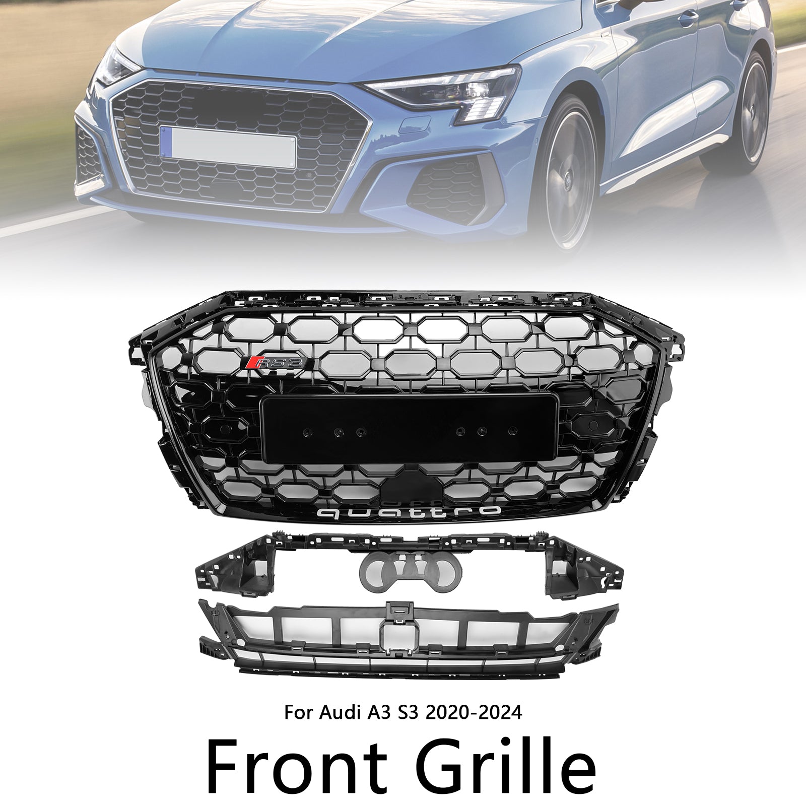 2020-2024 Audi A3 S3 RS3 Honeycomb Front Grille Grill Bloss Black