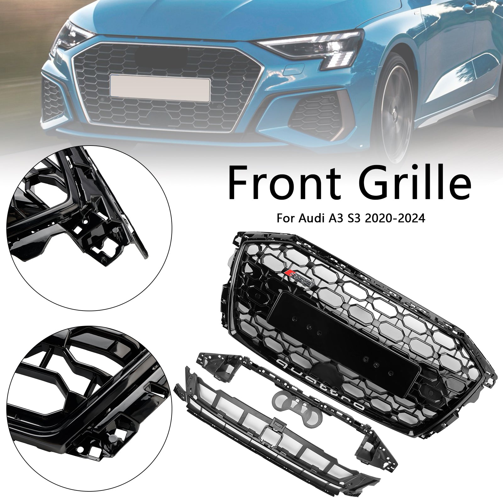 2020-2024 Audi A3 S3 RS3 Honeycomb Front Grille Grill Bloss Black