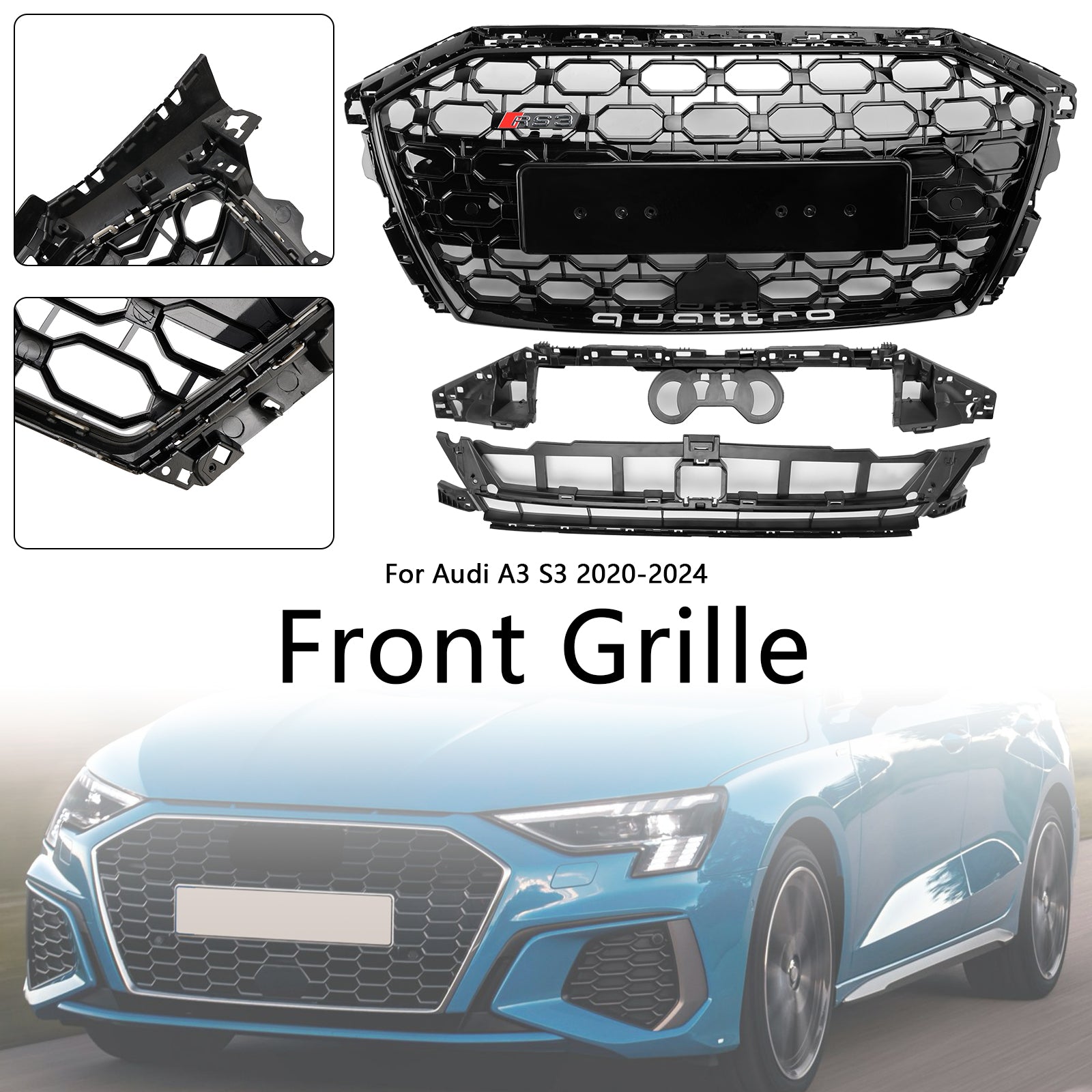 2020-2024 Audi A3 S3 RS3 Honeycomb Front Grille Grill Bloss Black