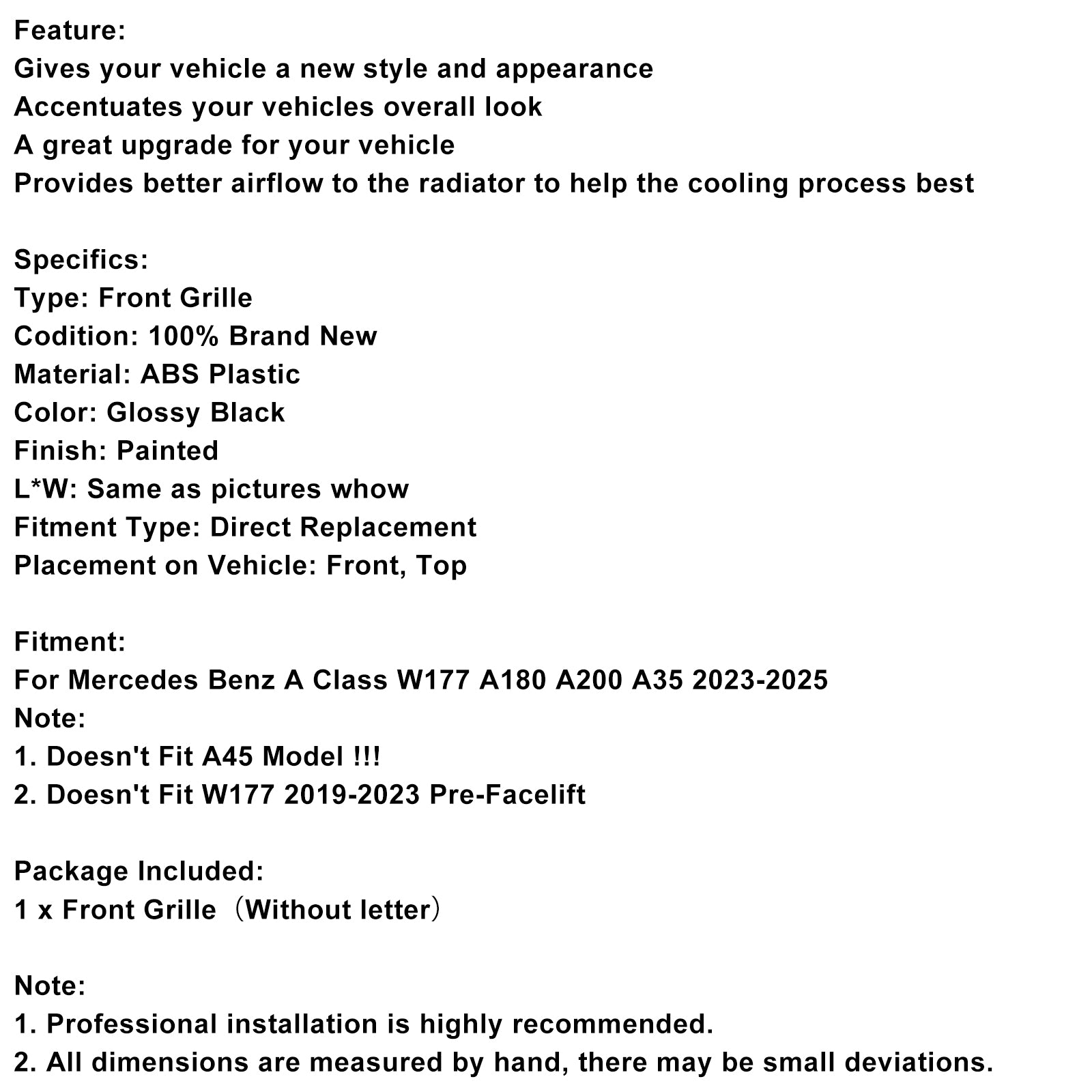 2023-2025 Mercedes A-klass W177 A35 A180 Glanssvart frontgrill