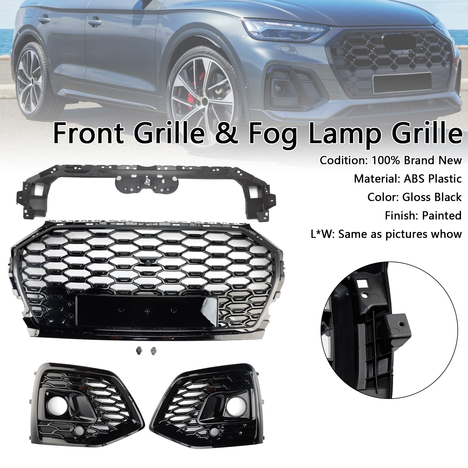 Grille de pare-chocs avant en nid d'abeille pour Audi Q5 2021-2025 & Cache-phares antibrouillard