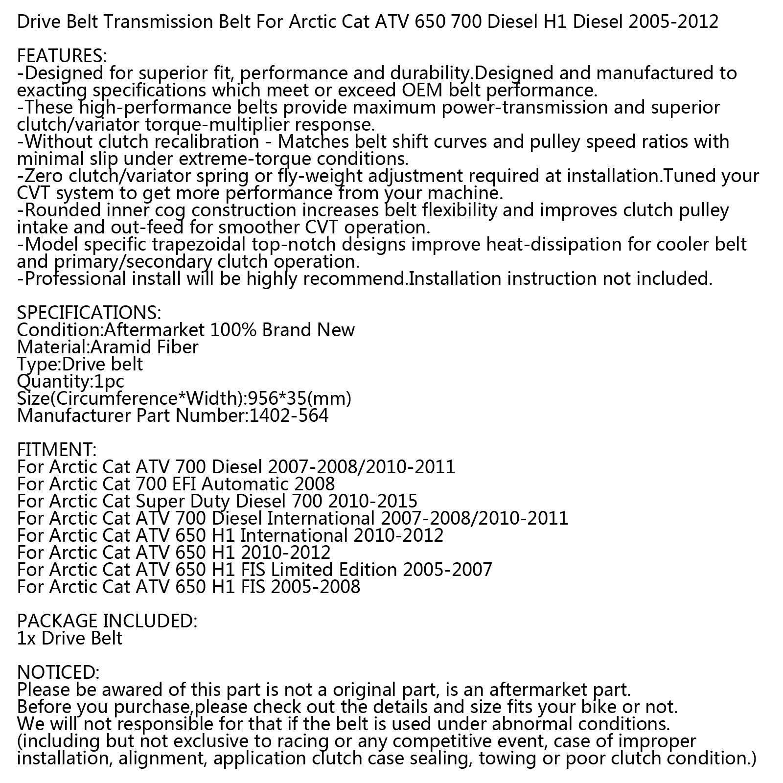 Correa de transmisión de repuesto para Arctic Cat 1402-564 ATV 650 700 Diesel HI 2005-2015 Genérico