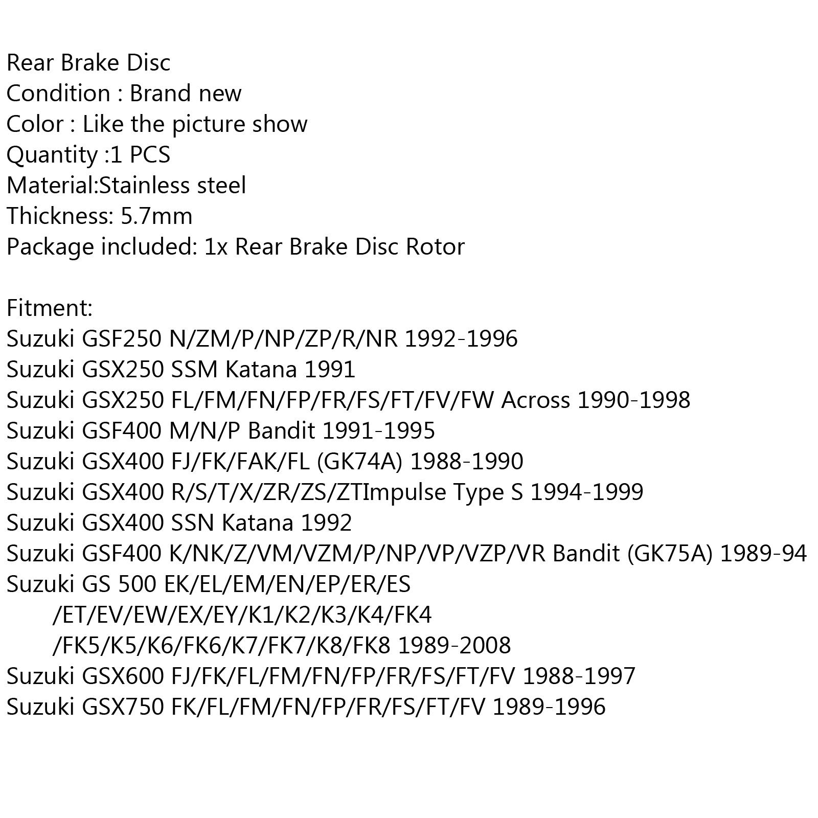 Achterremrotor Disc Fit voor Suzuki GSF 400 GSX 250 400 600 750 F GS 500 88-08