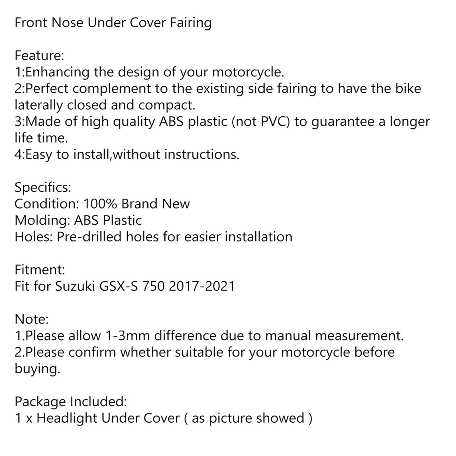 Front Nose Under Cover Fairing For Suzuki GSXS GSX-S750 2017-2021 Generic