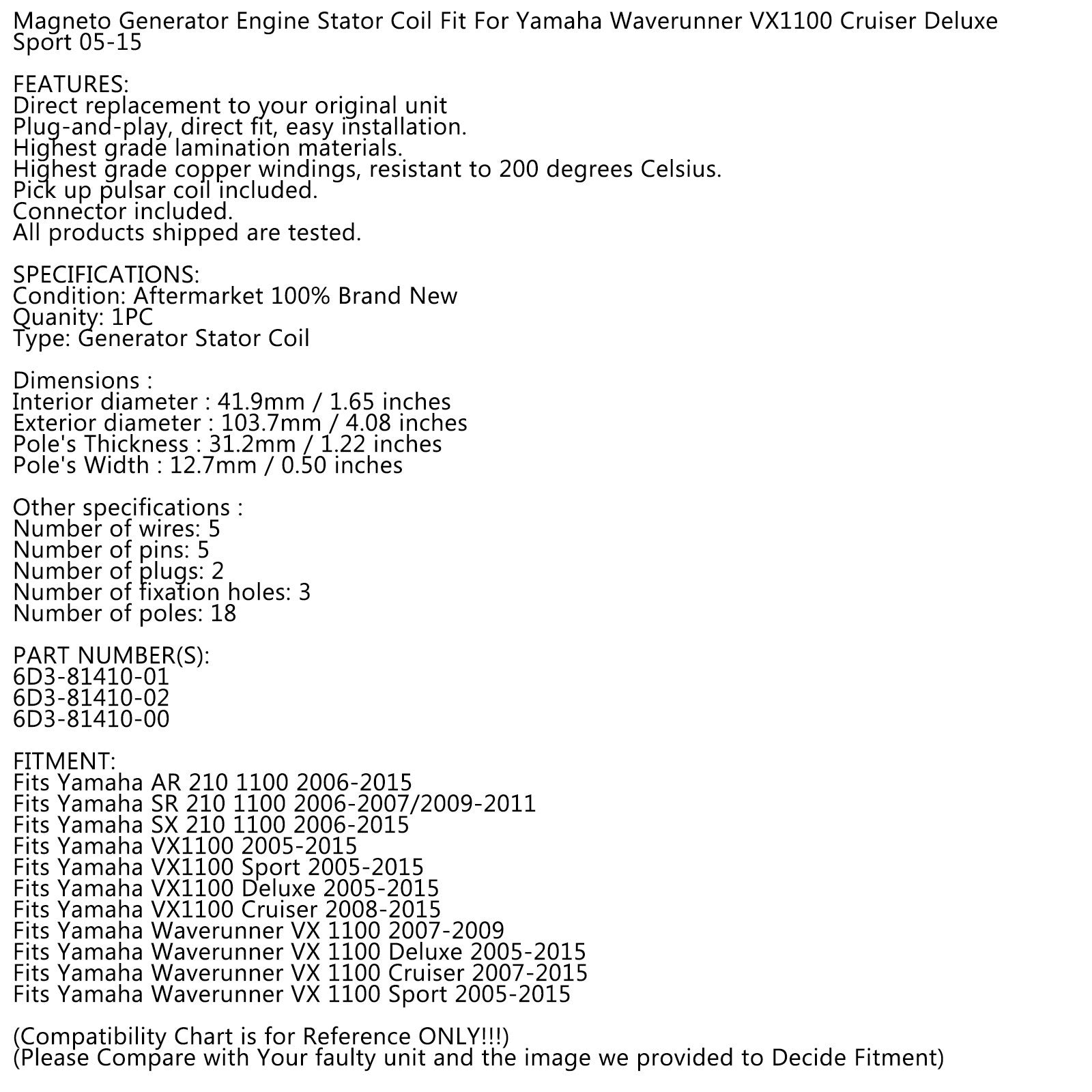 Generador de estator para Yamaha Waverunner VX 1100 Deluxe Cruiser Sport 2005-2015 Genérico