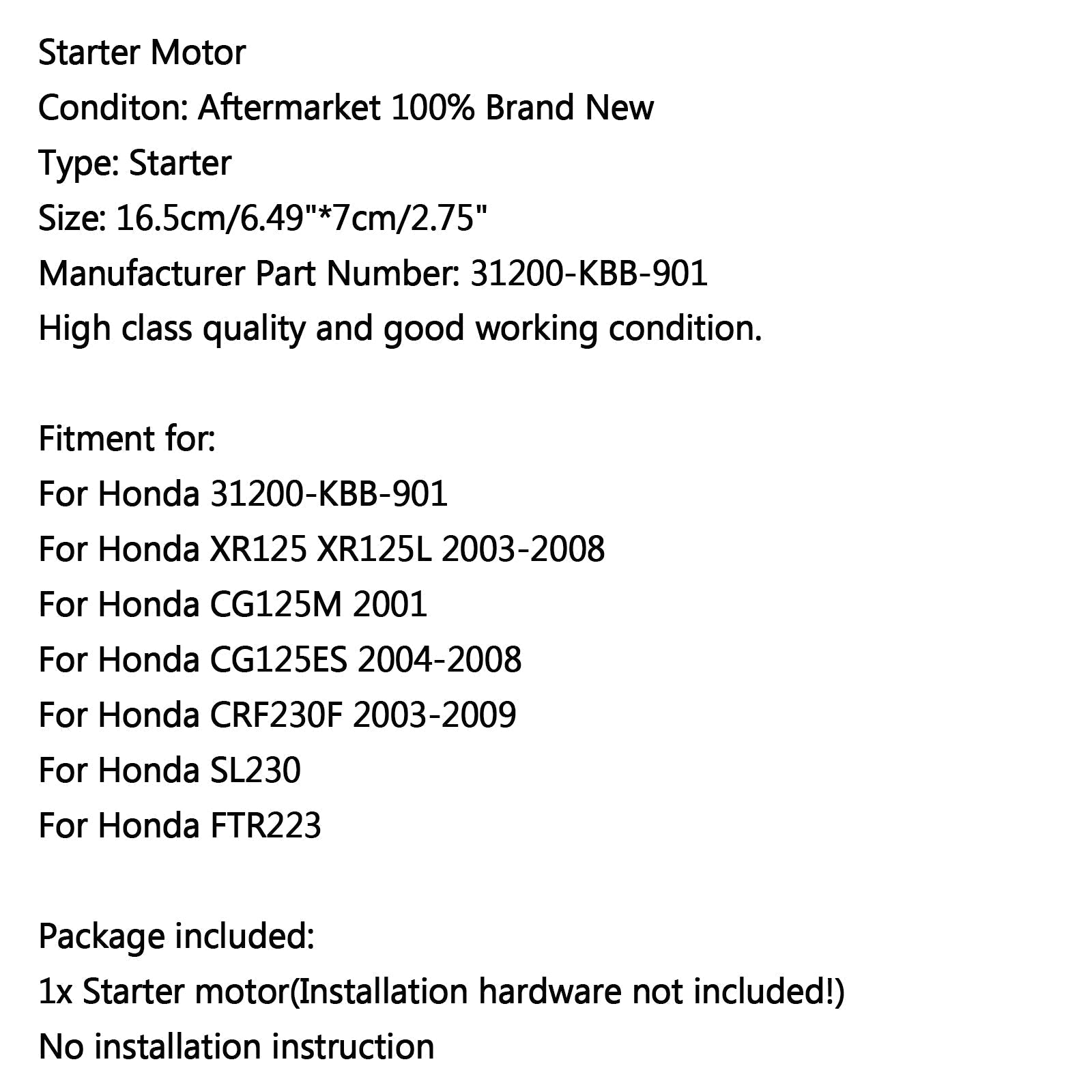 Démarreur de moteur Honda CRF230F 2003-2009 31200-KBB-901