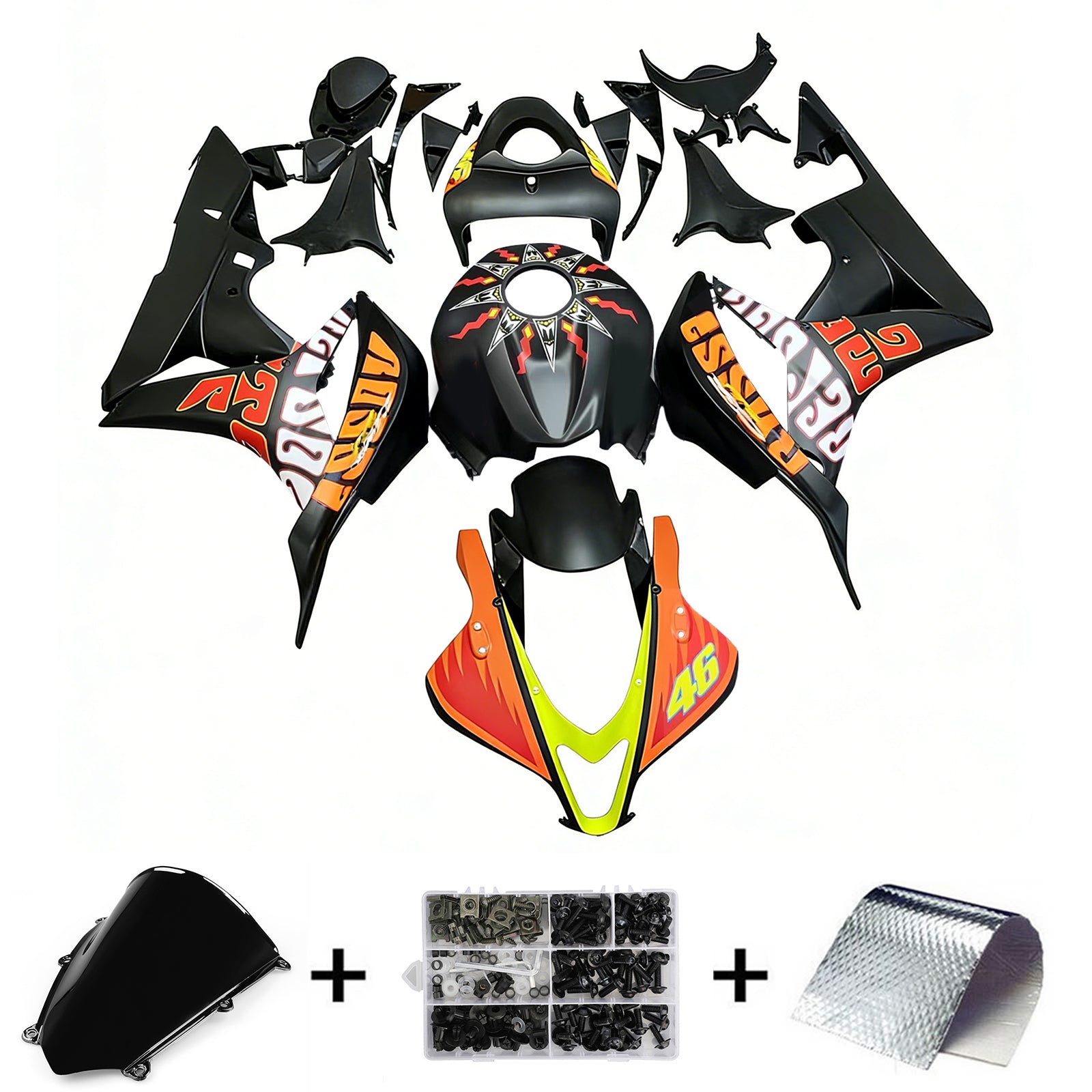 2007-2008 Honda CBR 600 RR zwart Valentino Rossi Racing stroomlijnkappen algemeen