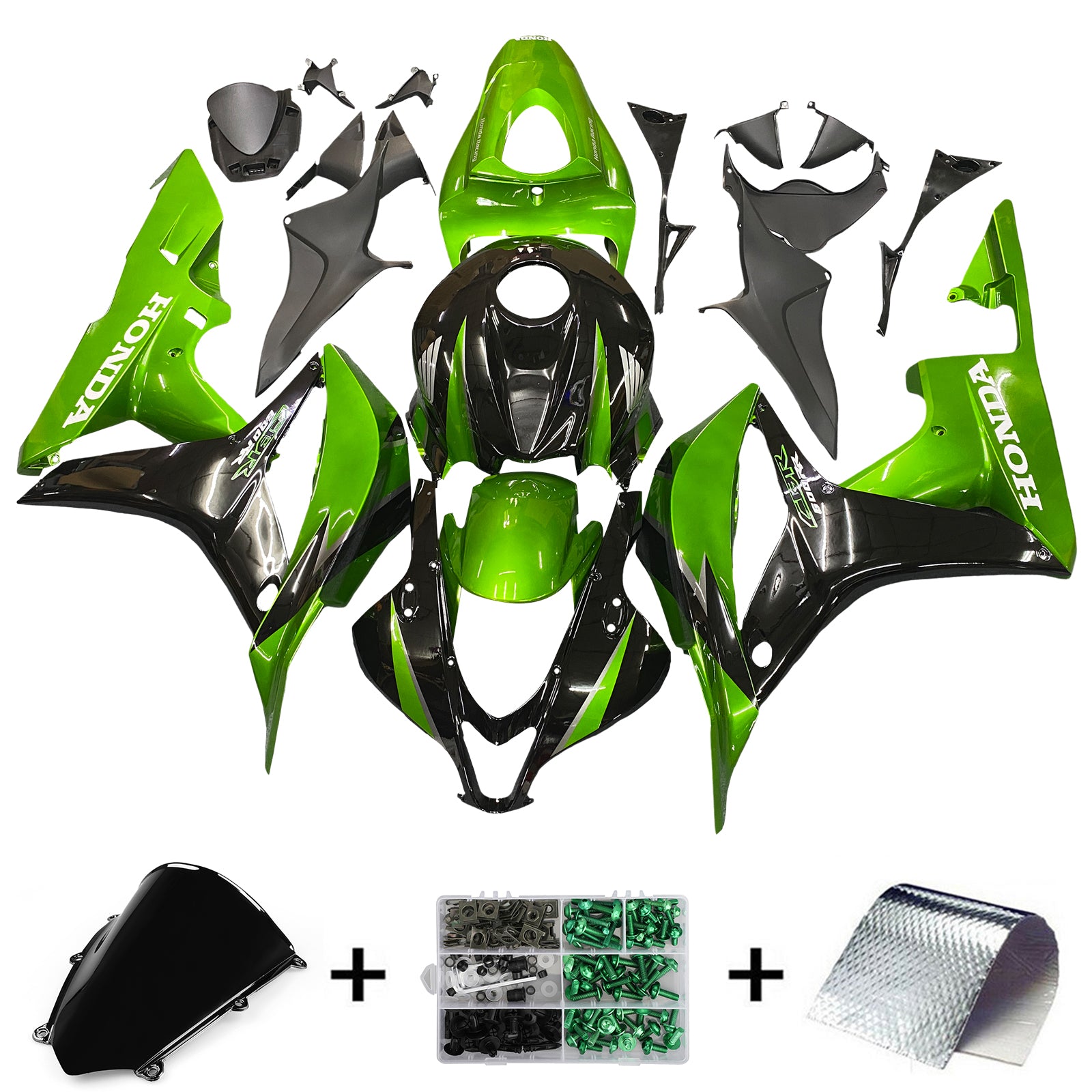 2007-2008 Honda CBR 600 RR Metallic Black & Green Honda Racing Fairings Generic