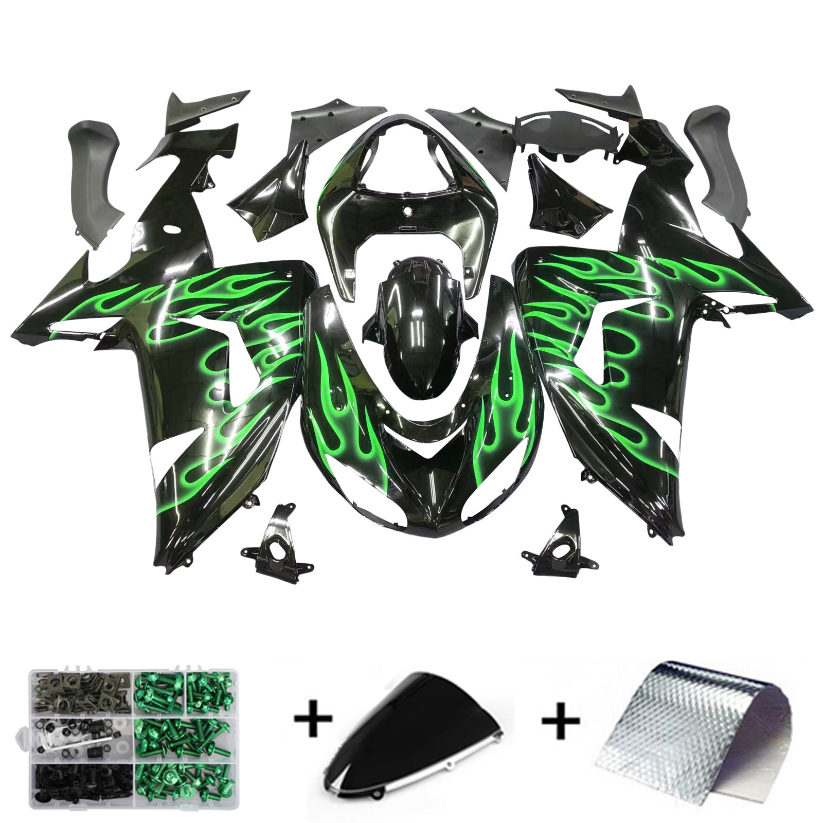 2006-2007 Kawasaki ZX10R Amotopart Kit de carenado de inyección de llamas verdes Ajuste de plástico