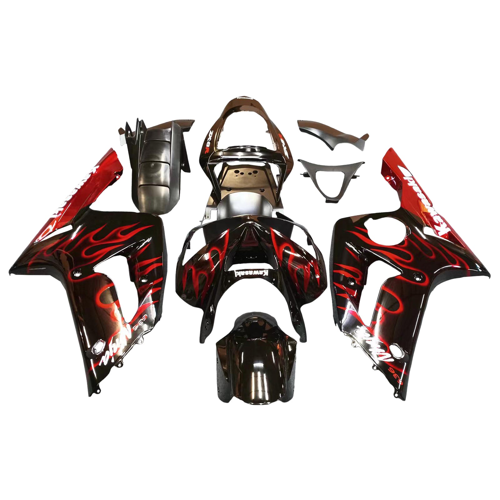 2003-2004 Kawasaki ZX6R 636 Fairings Black & Red Flame ZX6R Racing Generic