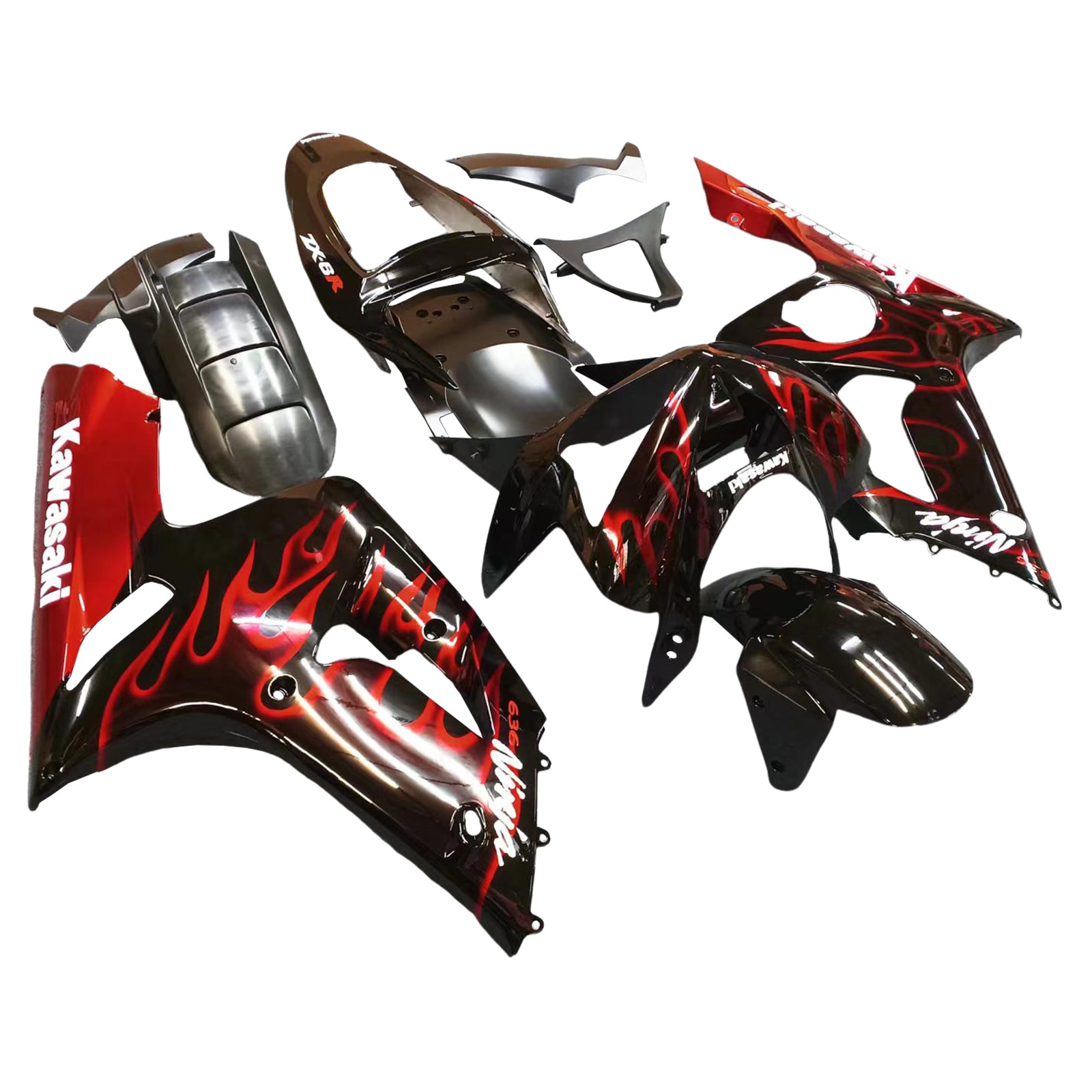 2003-2004 Kawasaki ZX6R 636 Fairings Black & Red Flame ZX6R Racing Generic