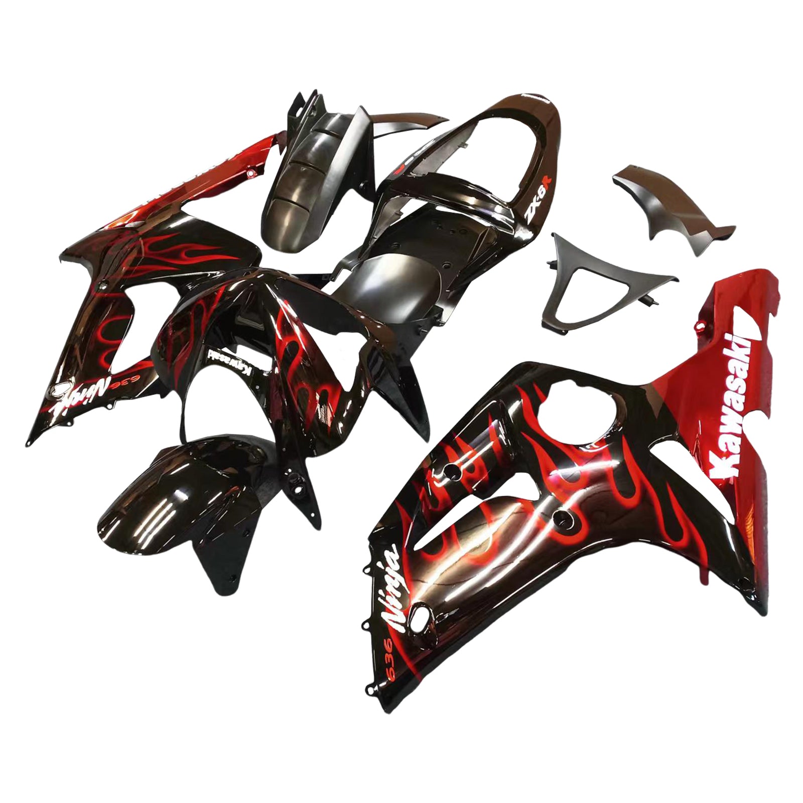 2003-2004 Kawasaki ZX6R 636 Fairings Black & Red Flame ZX6R Racing Generic